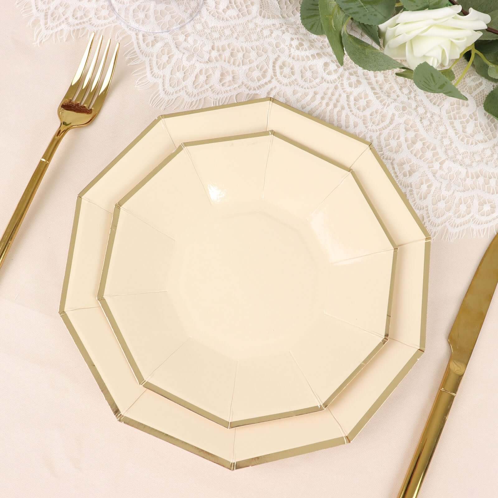 25-Piece Set of 9-Inch Beige Disposable Dinner Plates with Gold Foil Rim for Modern Weddings and Events