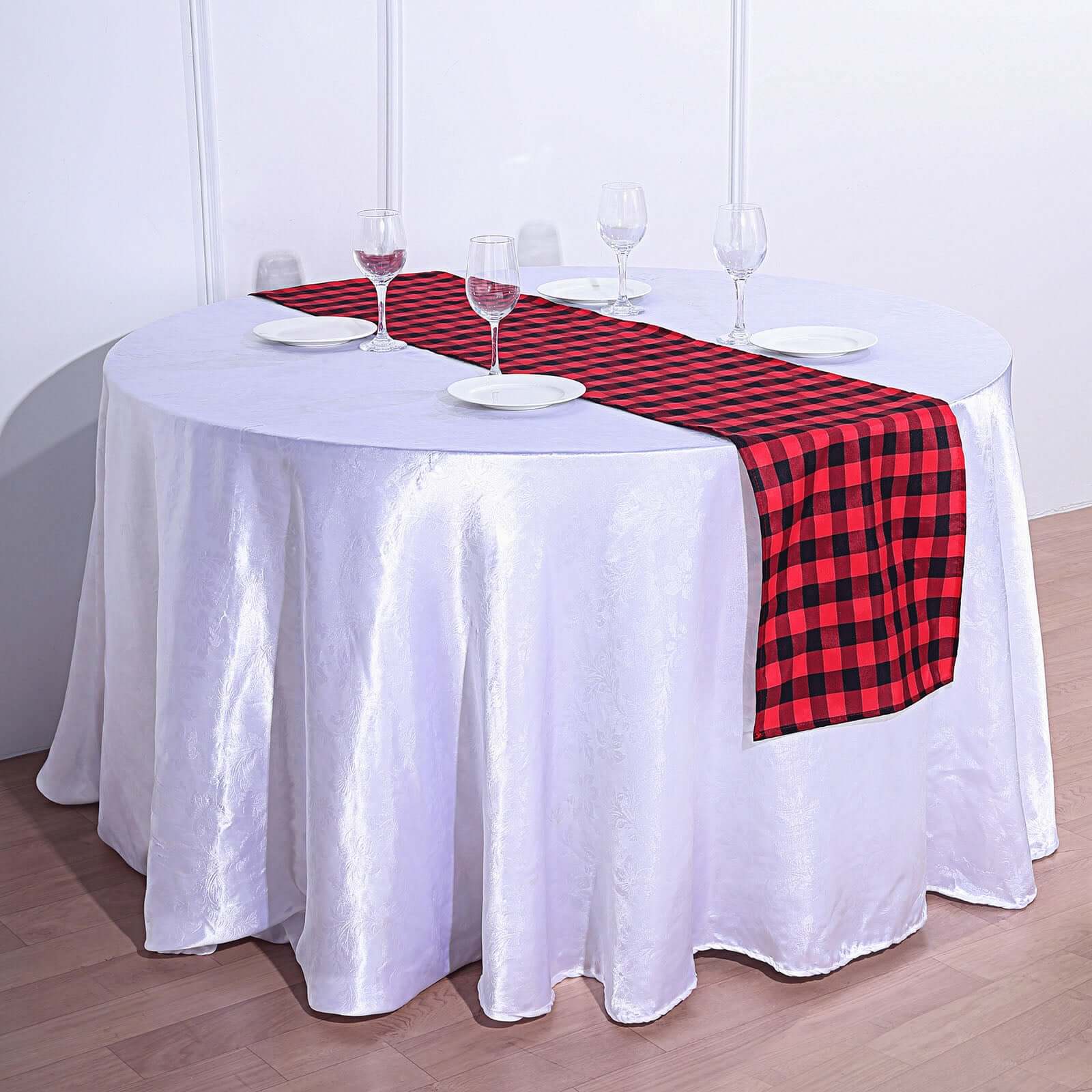 Hot Sale! 14x108 Black and Red Checkered Polyester Outdoor Table Runner with Buffalo Plaid Pattern