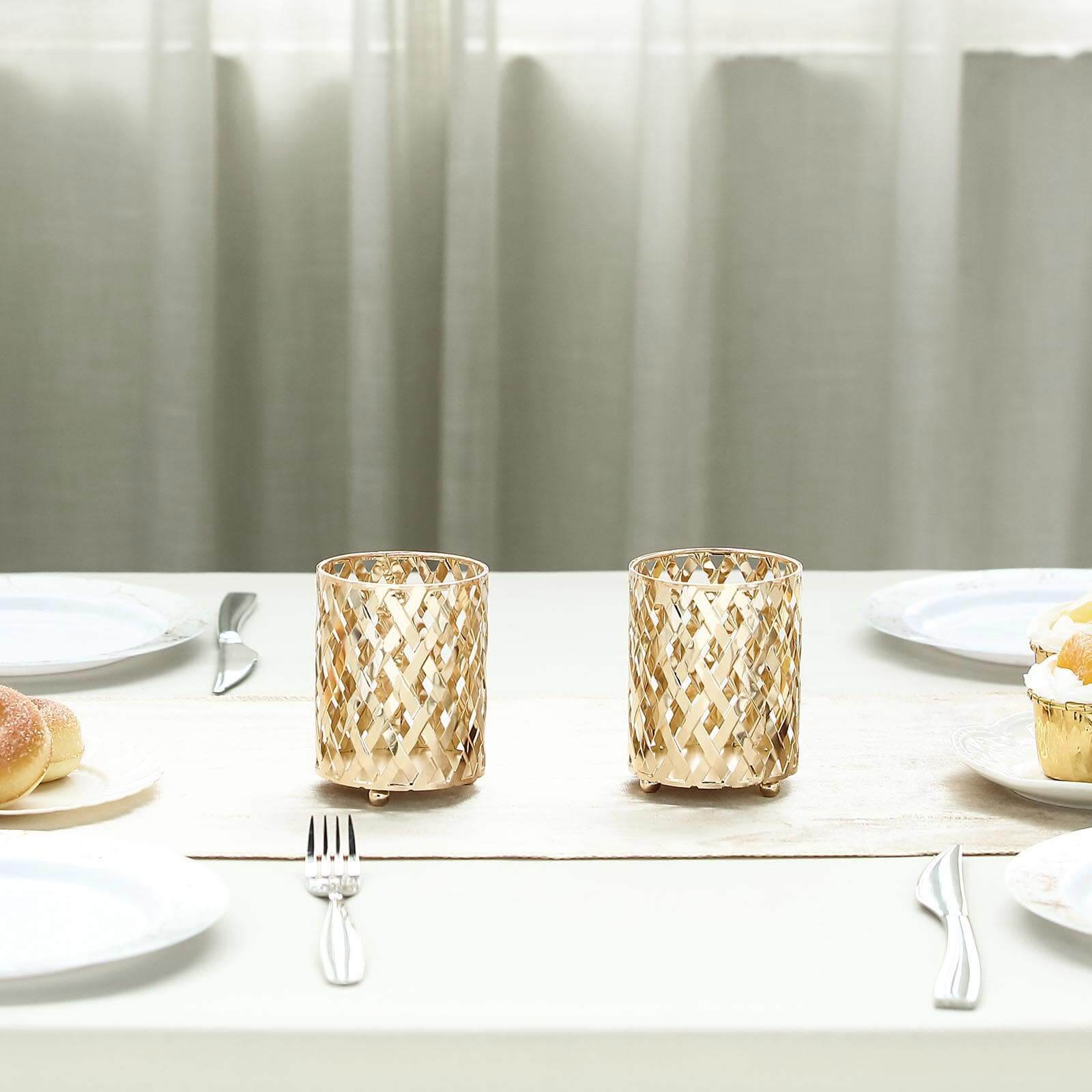 2-Piece Gold Metal Votive Candle Holders with Diamond Cut Geometric Design for Home and Events