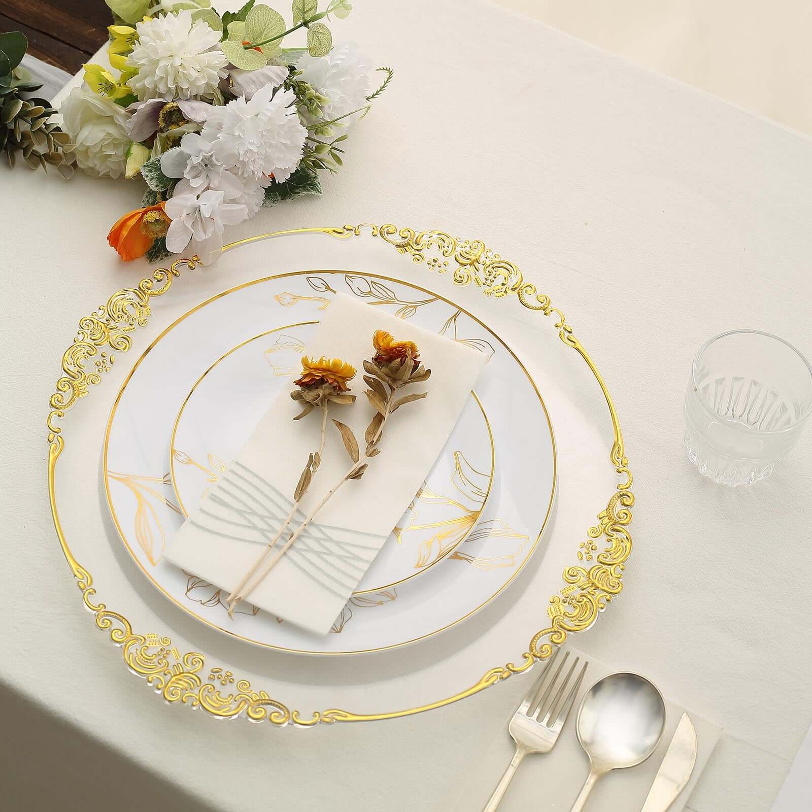 Hot Deal! Set of 20 Disposable Plastic Dinner and Dessert Plates in White with Gold Floral Design for Special Occasions