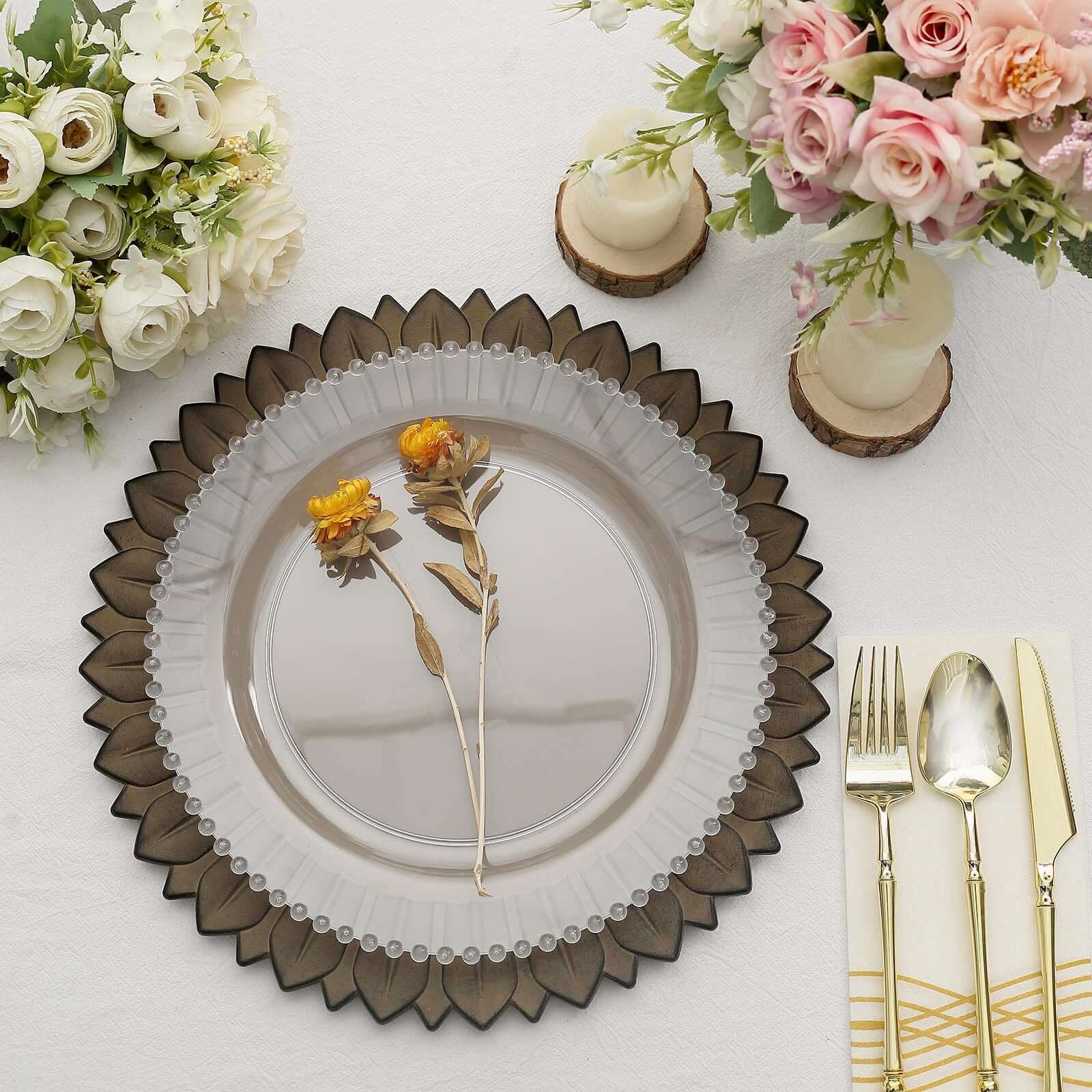 Hot Sale! 6-Pack 13in Plastic Round Disposable Dinner Charger Plates with Sunflower Rim, Matte Natural Finish