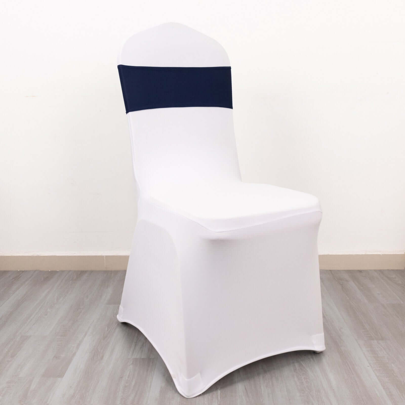 5-Piece Set of Navy Blue Spandex Chair Sashes with Gold Rhinestone Buckles - Reusable 4-Way Stretch Bands