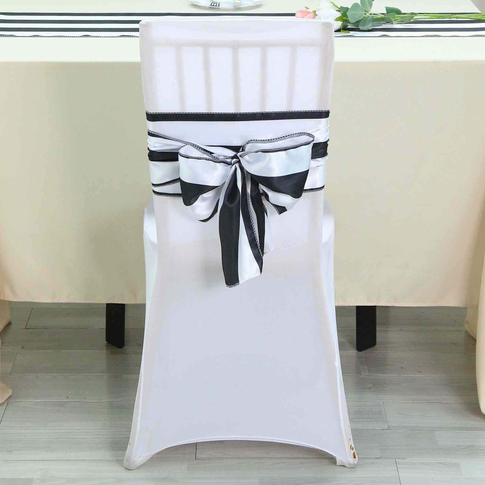 5-Pack Satin Chair Sashes in Black/White Stripes - Ideal Decor for Weddings and Gatherings
