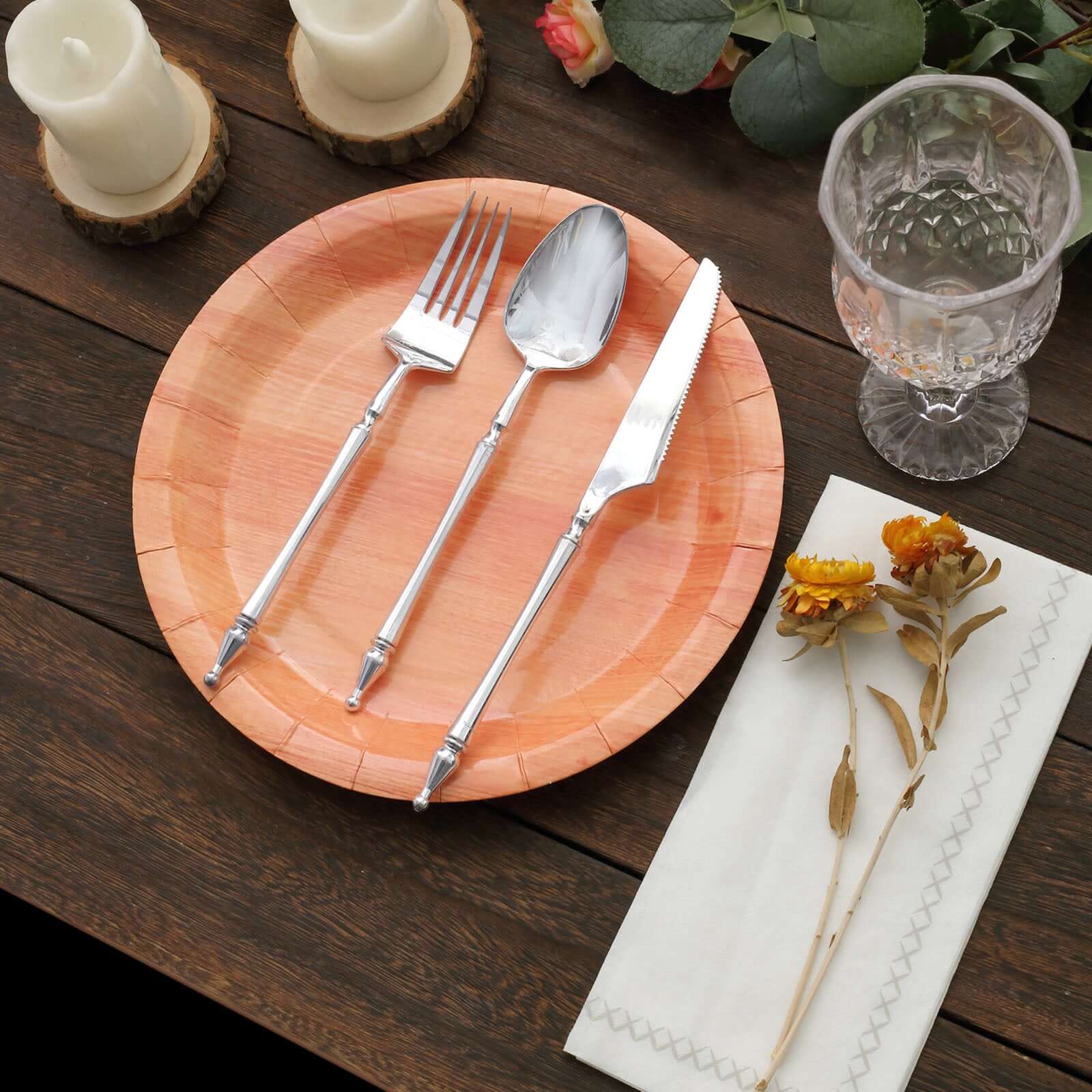 25-Pack Disposable 10-Inch Round Paper Dinner Plates with Natural Wood Grain Print