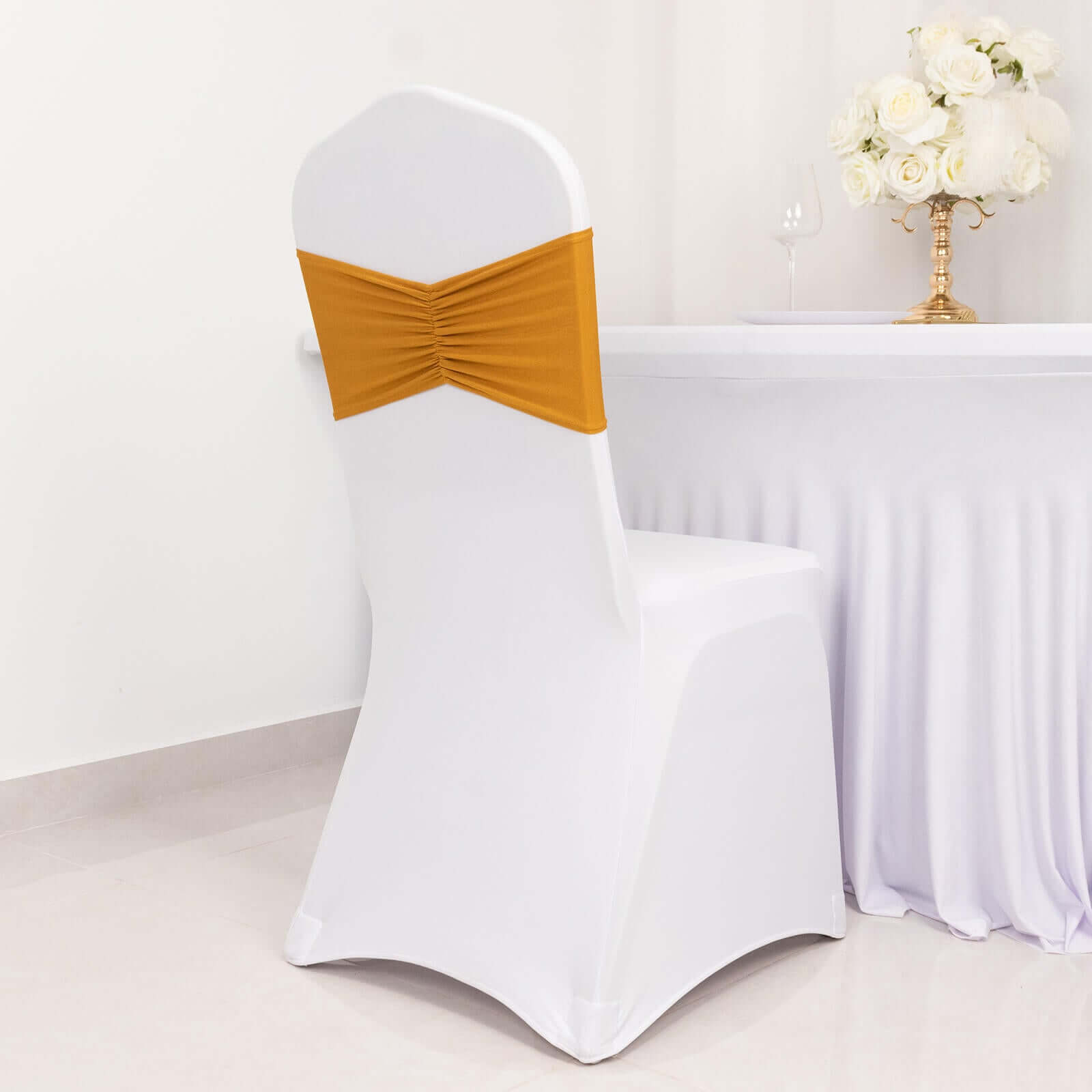 Special Offer! 5-Pack Gold Ruffled Spandex Chair Sashes - Wide Stretch Bands for Elegant Wedding and Event Decor