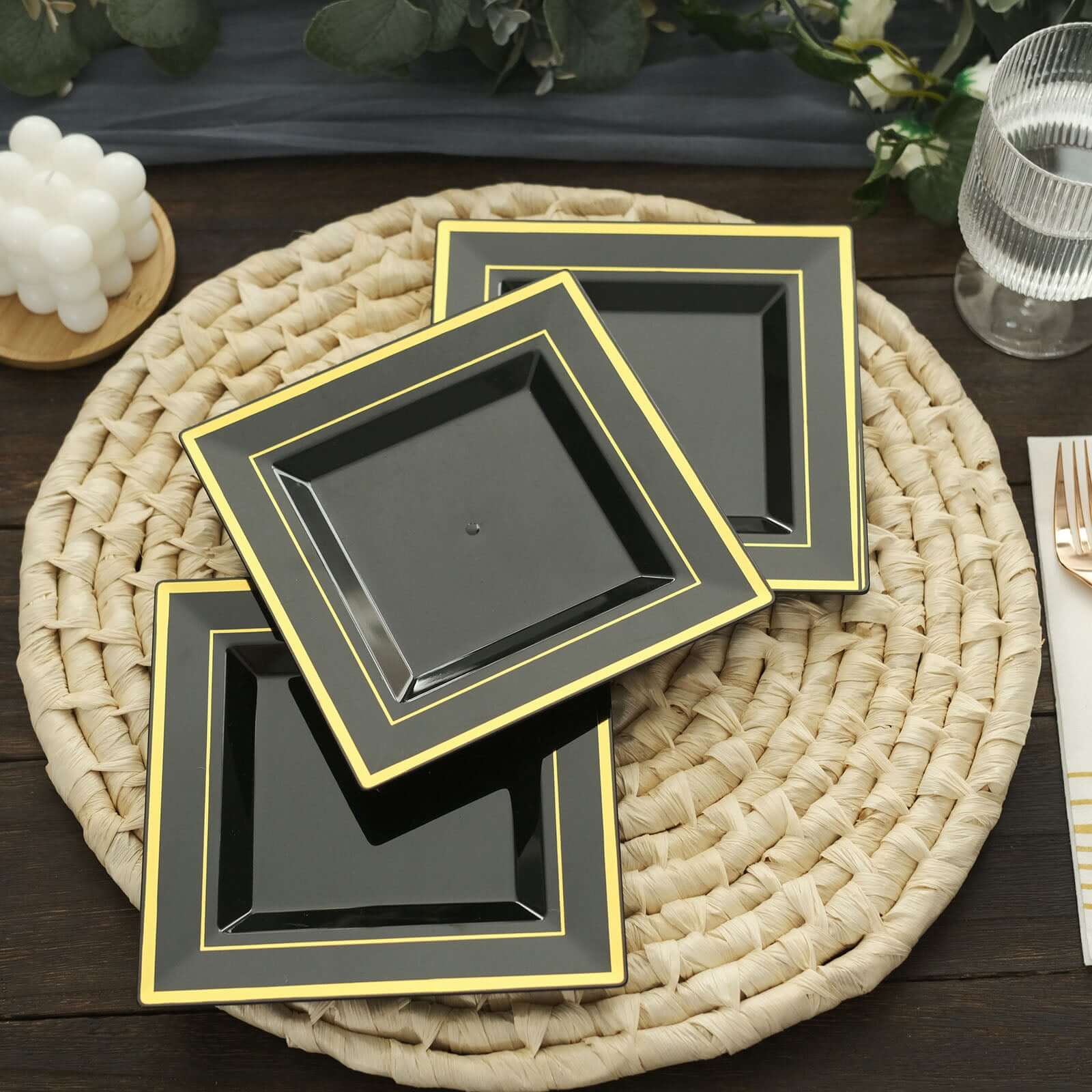 10-Piece Set of Durable Disposable Black Square Salad & Dessert Plates with Gold Trim, 7 Inches