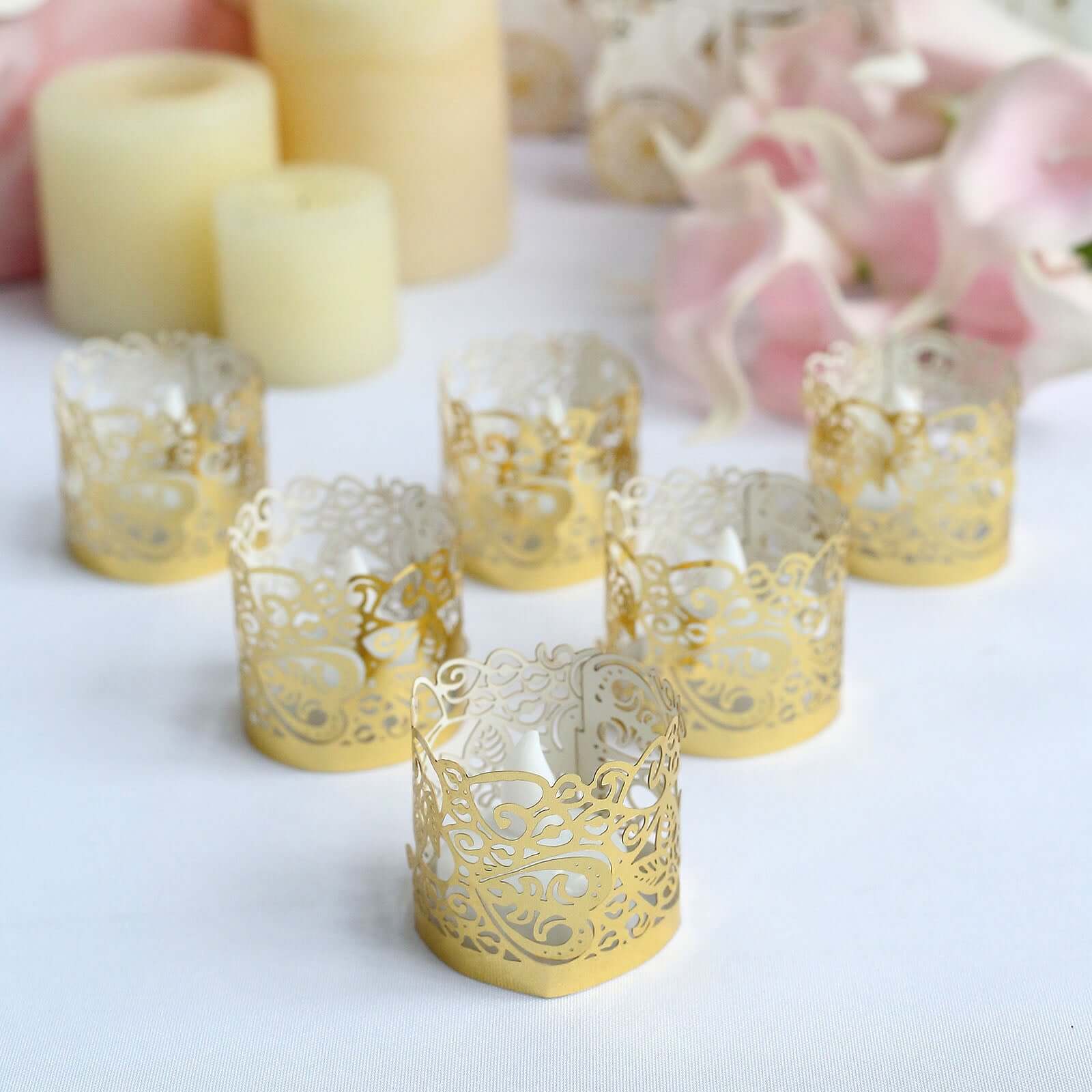 20-Pack Gold Foil Floral Lace Design Paper Wraps for Votive Tealight Candles