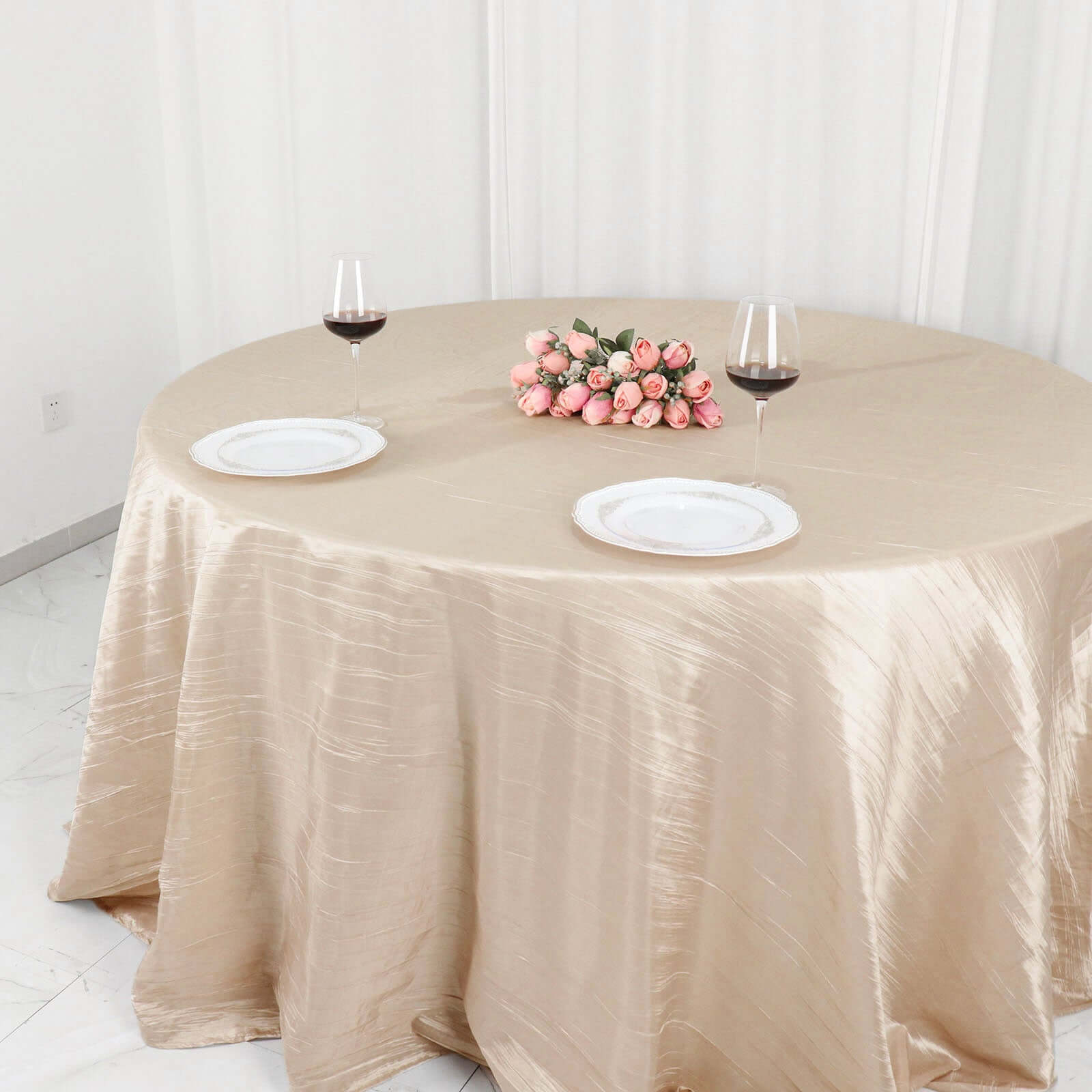Beige Seamless Accordion Crinkle 132-Inch Taffeta Round Tablecloth