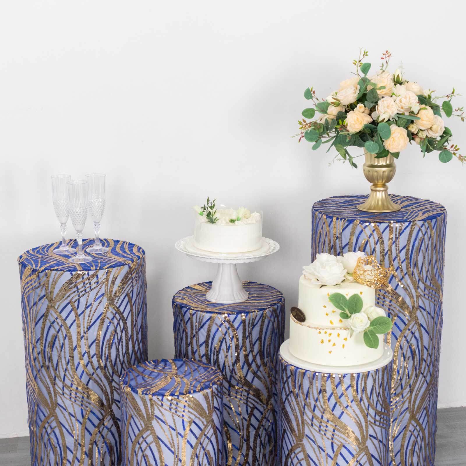 Hot Sale! Set of 5 Royal Blue Sequin Mesh Cylinder Pedestal Stand Covers with Wave Pattern