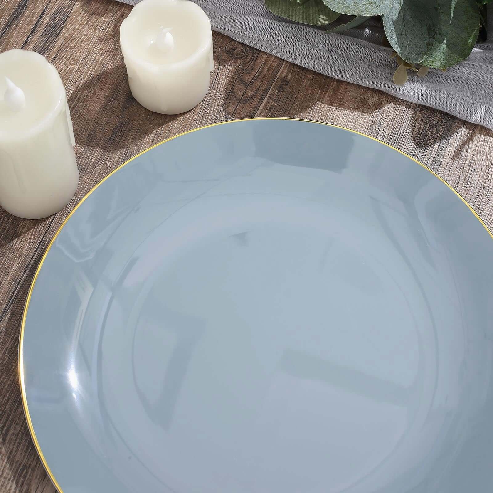 10-Piece Set of Disposable Round Dinner Plates in Dusty Blue with Gold Rim