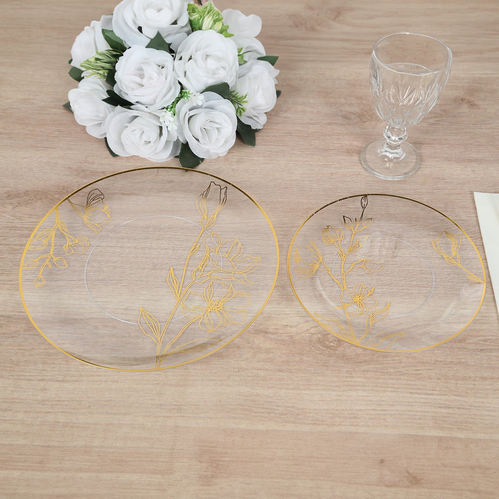 Set of 20 Disposable Clear Plastic Dinner and Dessert Plates with Metallic Gold Floral Design