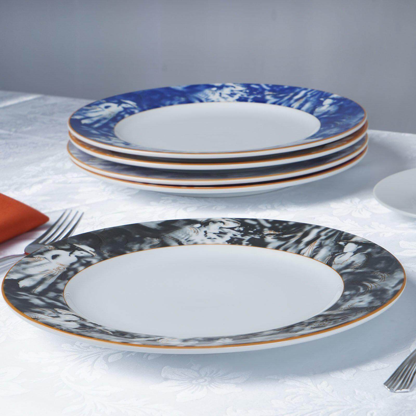Hot Deal! 12-Pack 11.5-Inch Break-Resistant White/Black Porcelain Dinner Plates with Art Nouveau Rim, Microwave Safe
