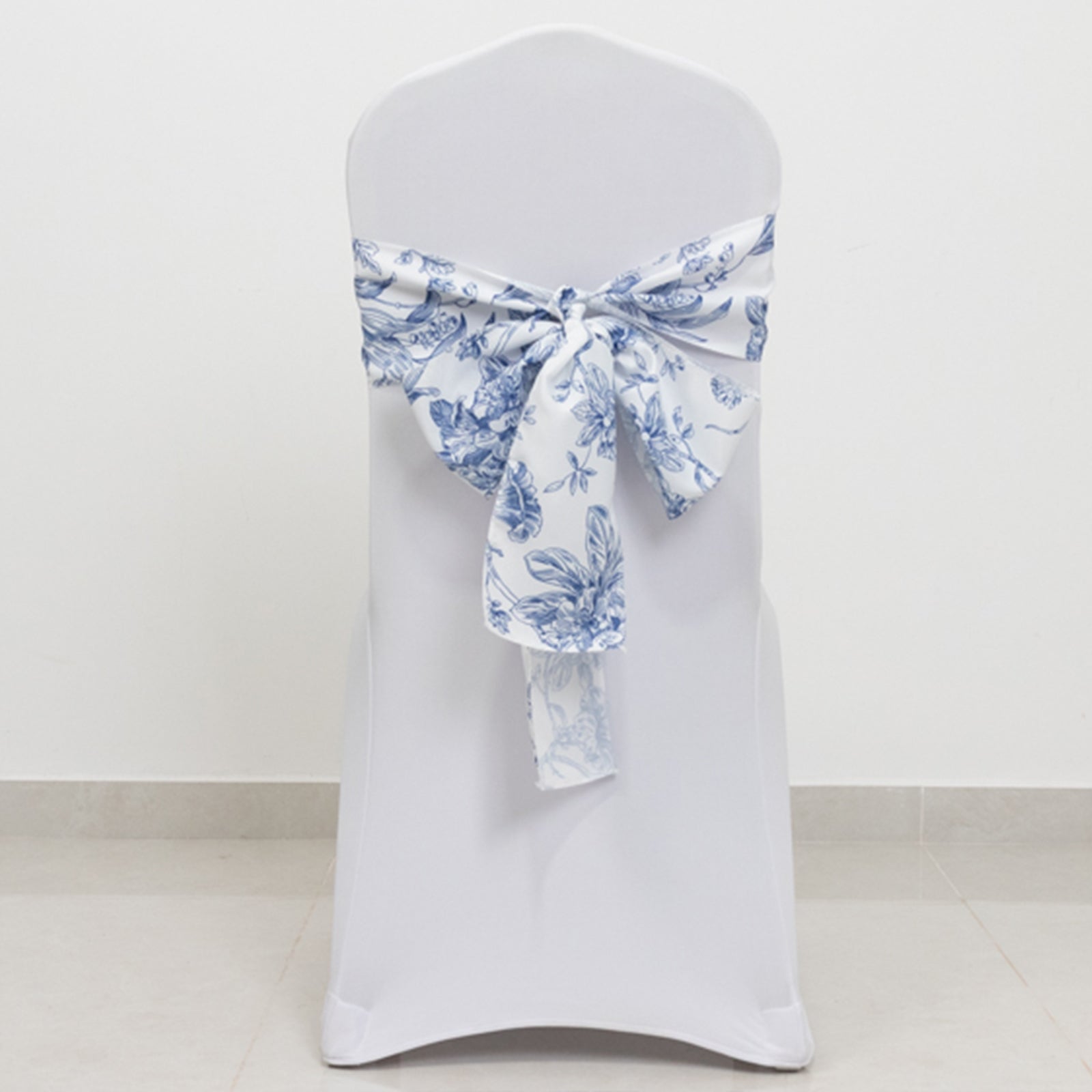 Wrinkle-Resistant Polyester Chair Sashes in White/Blue French Toile Floral Design for Weddings & Banquets