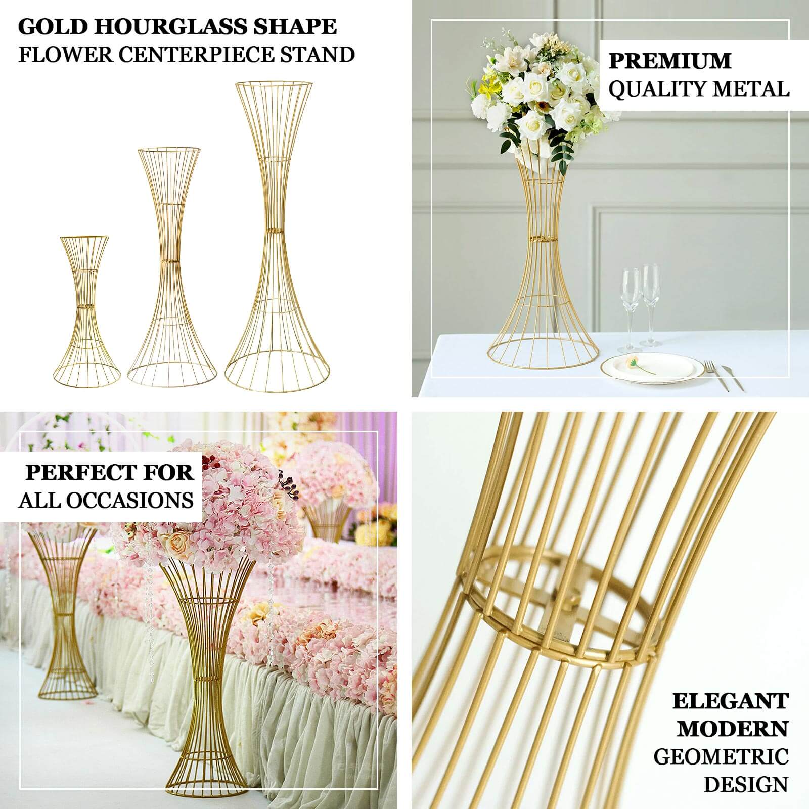 36-Inch Tall Gold Metal Hourglass Flower Stand - Ideal for Centerpieces