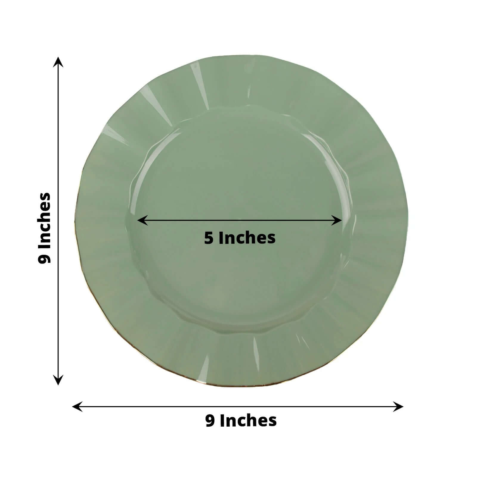 10-Piece Set of Sturdy Disposable 9-Inch Round Dinner Plates in Dusty Sage Green with Gold-Rimmed Ruffle