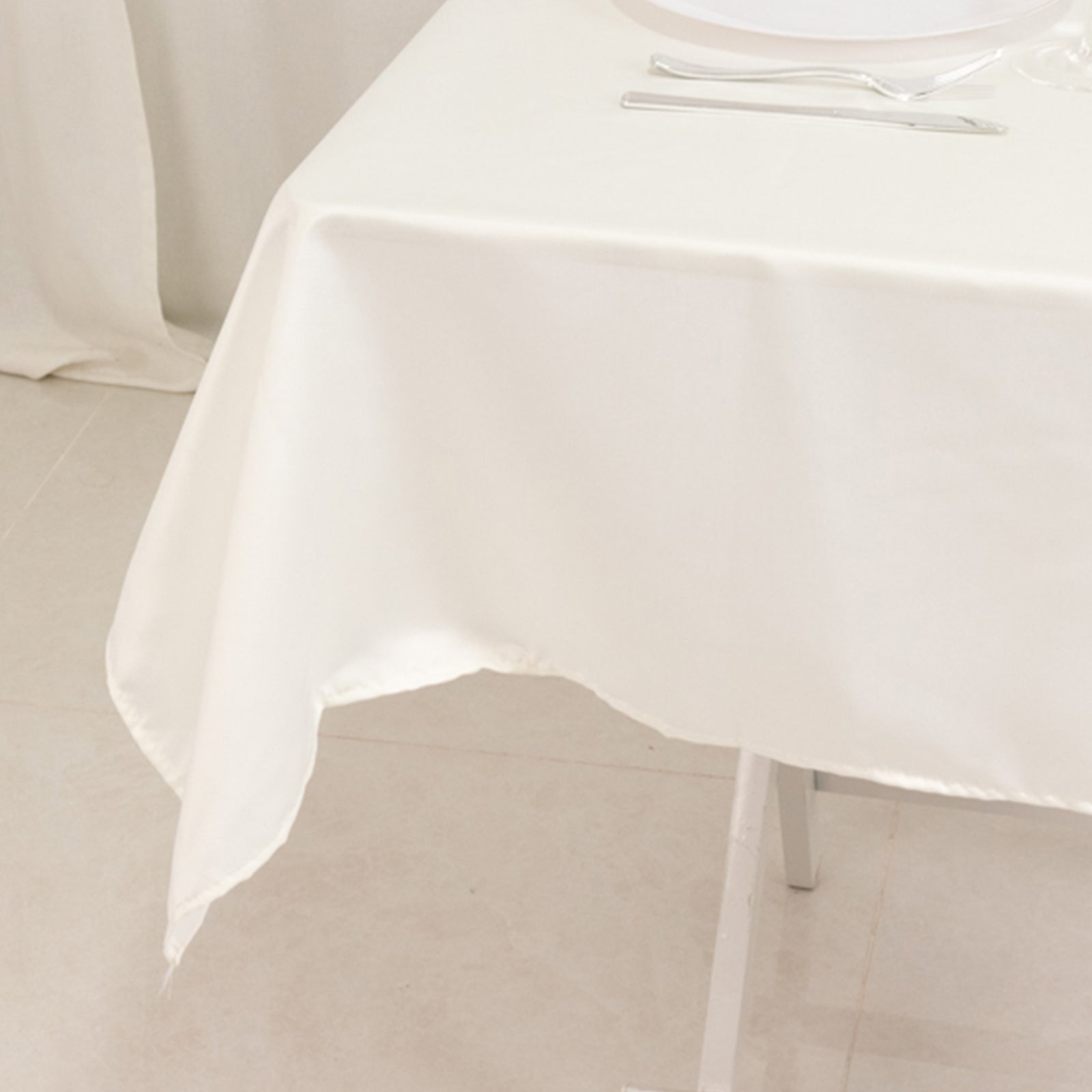 Ivory 54x54 Lamour Satin Square Table Overlay - Durable Silk-Like Table Cover