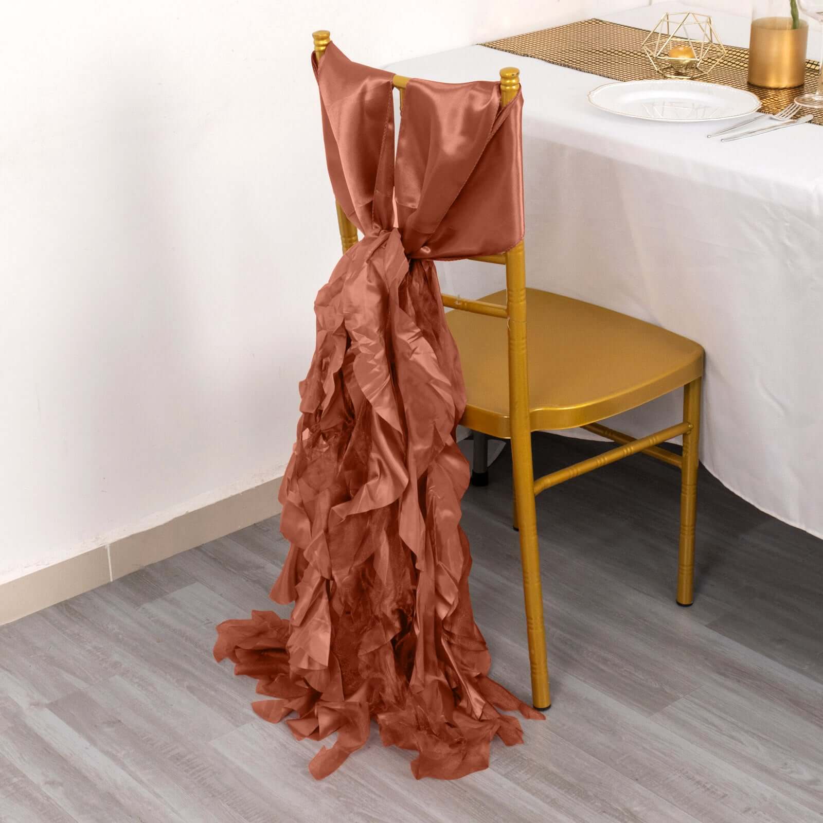 5-Pack Terracotta (Rust) Chiffon Satin Curly Willow Chair Sashes - Easy Install