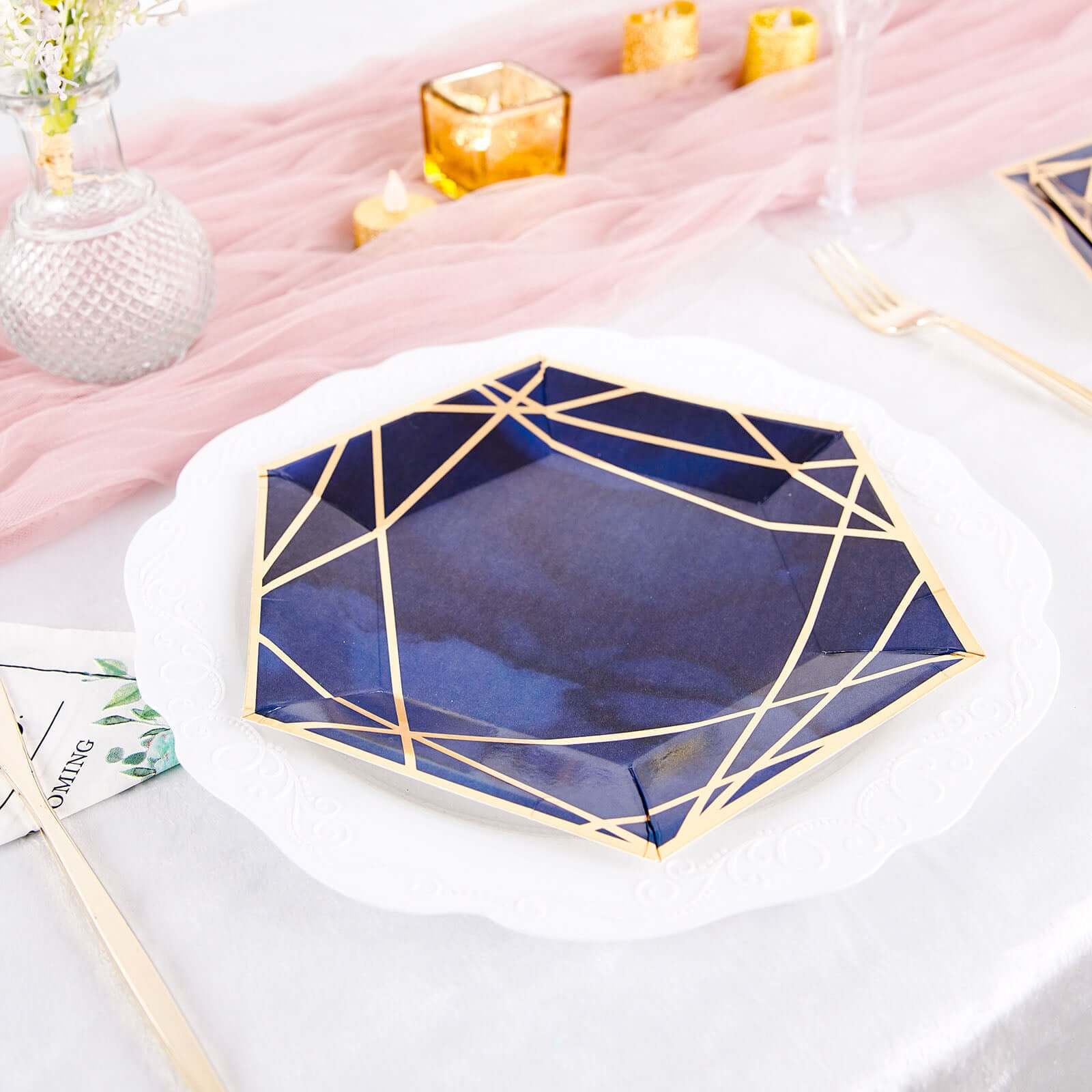 25-Pack Navy Blue & Gold Geometric Hexagon Disposable Paper Appetizer & Salad Dessert Plates