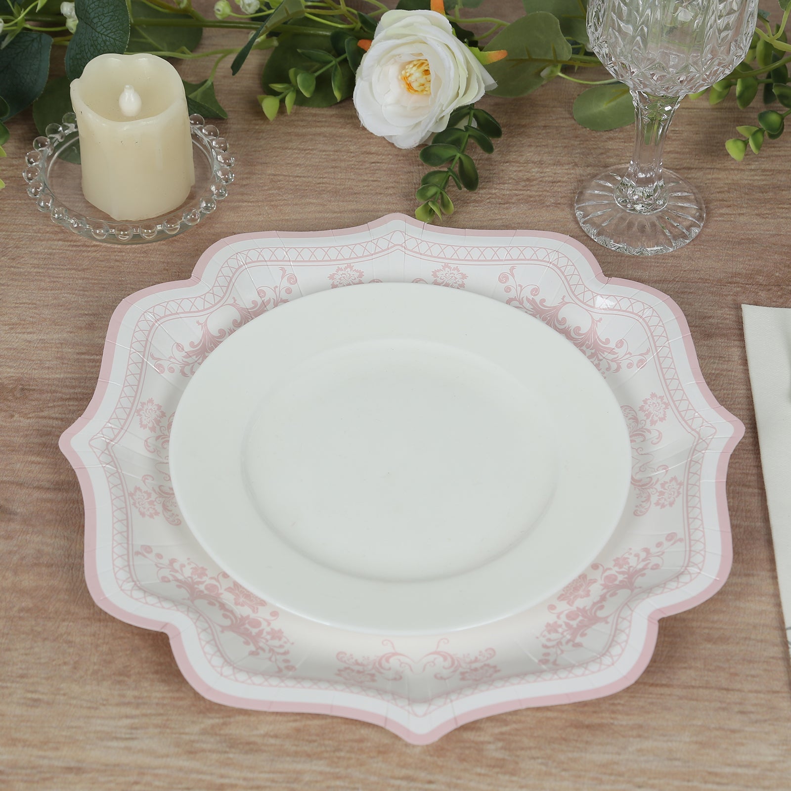 Get 25-Pack of Elegant White Disposable Paper Dessert Plates with Pink Floral Damask Print & Scallop Rim