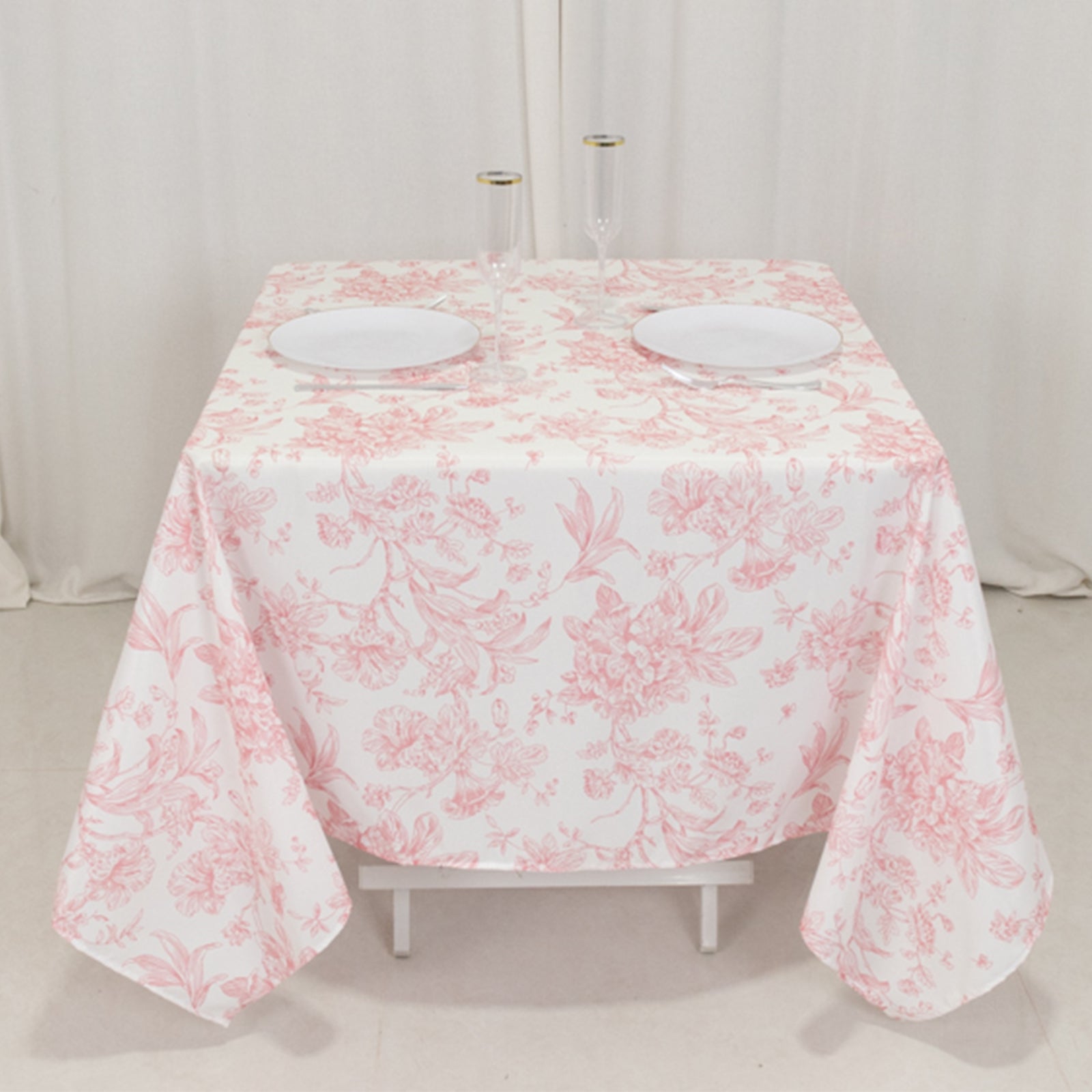 70x70 Polyester White - Pink French Toile Pattern Square Table Overlay for Elegant Gatherings