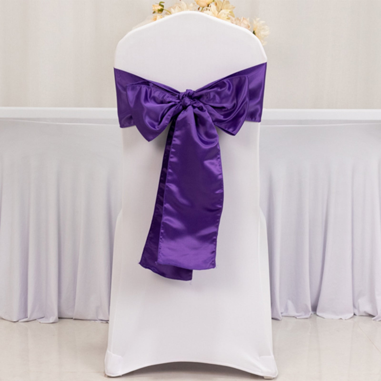 5-Piece Set of Purple Lamour Satin 6x106 Chair Sashes - Reusable Decorative Bows