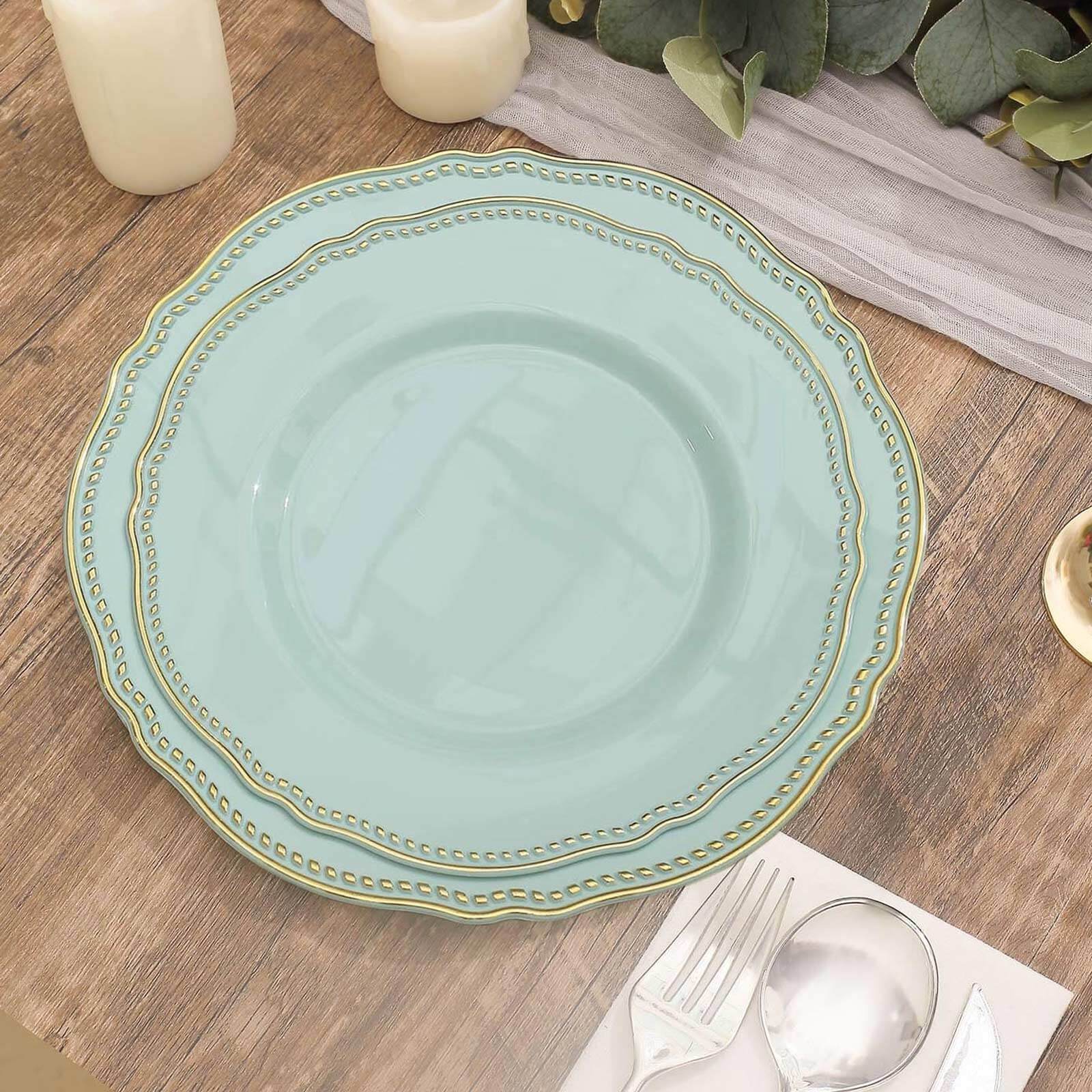 10-Pack Disposable Jade Plastic Dinner Plates with Gold Scalloped Rim - 9 Inches