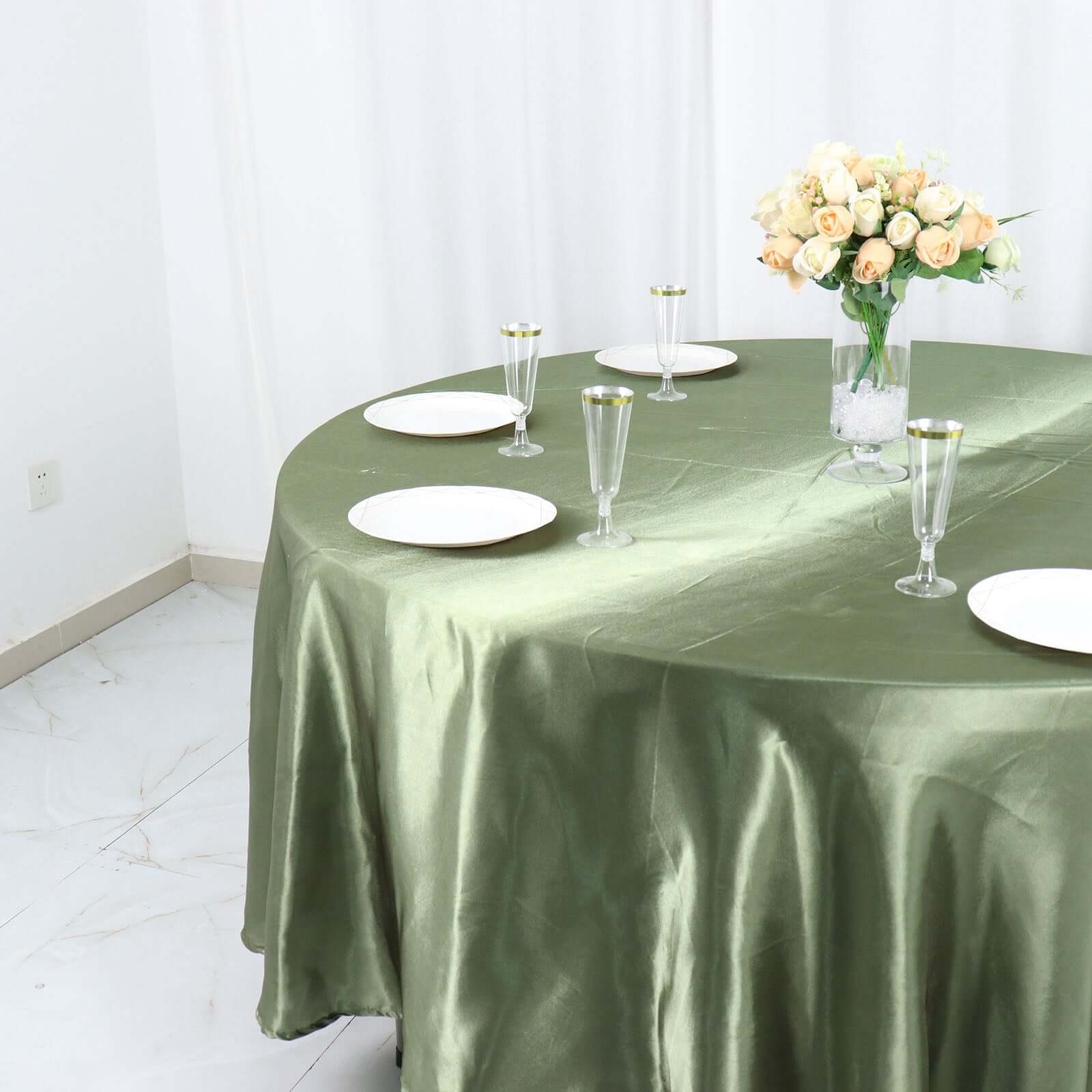 Lustrous Dusty Sage Green Satin Round Tablecloth, 108-Inch Diameter