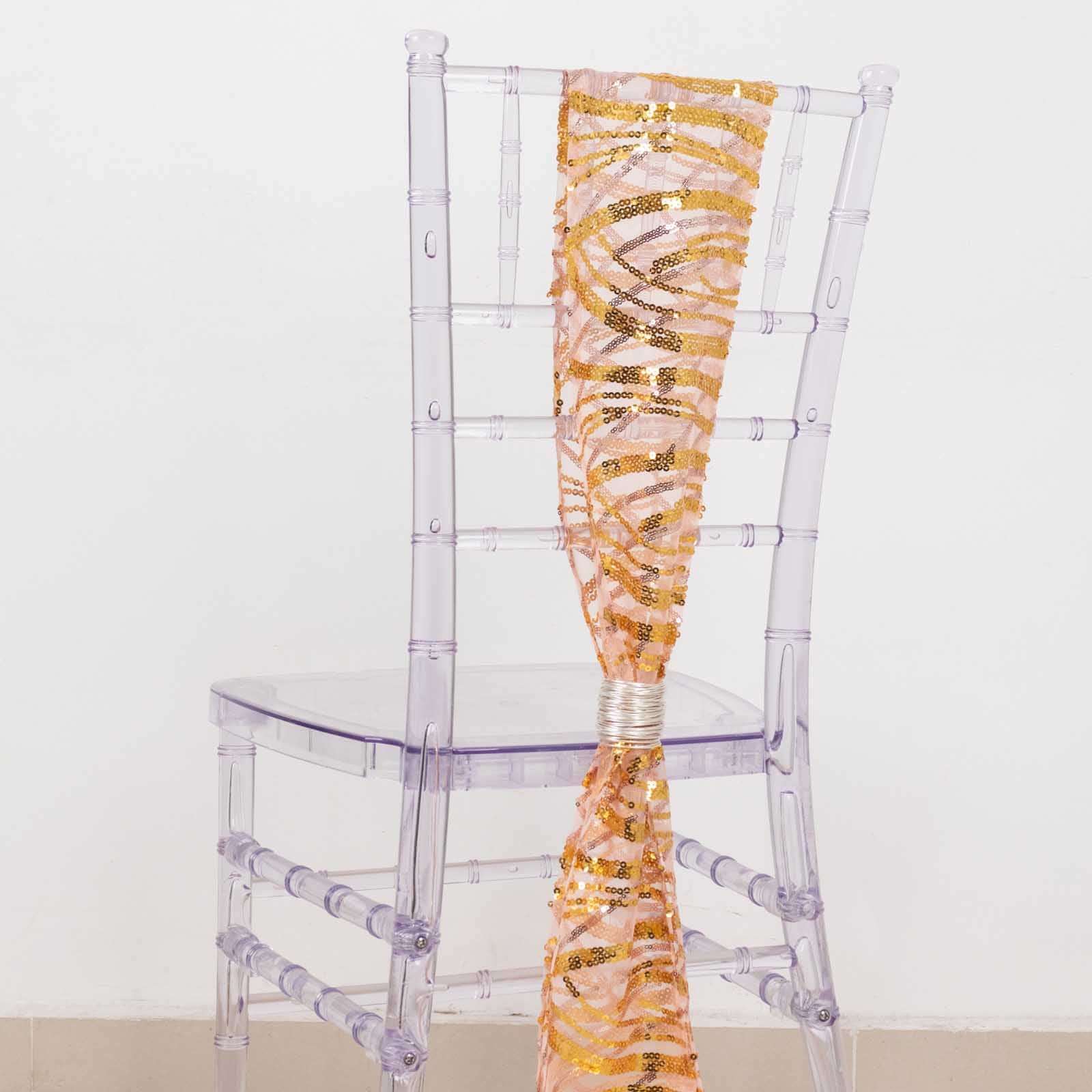 5-Piece Set of Rose Gold/Gold Chair Sashes with Sparkling Wave Embroidered Sequins, 6x88