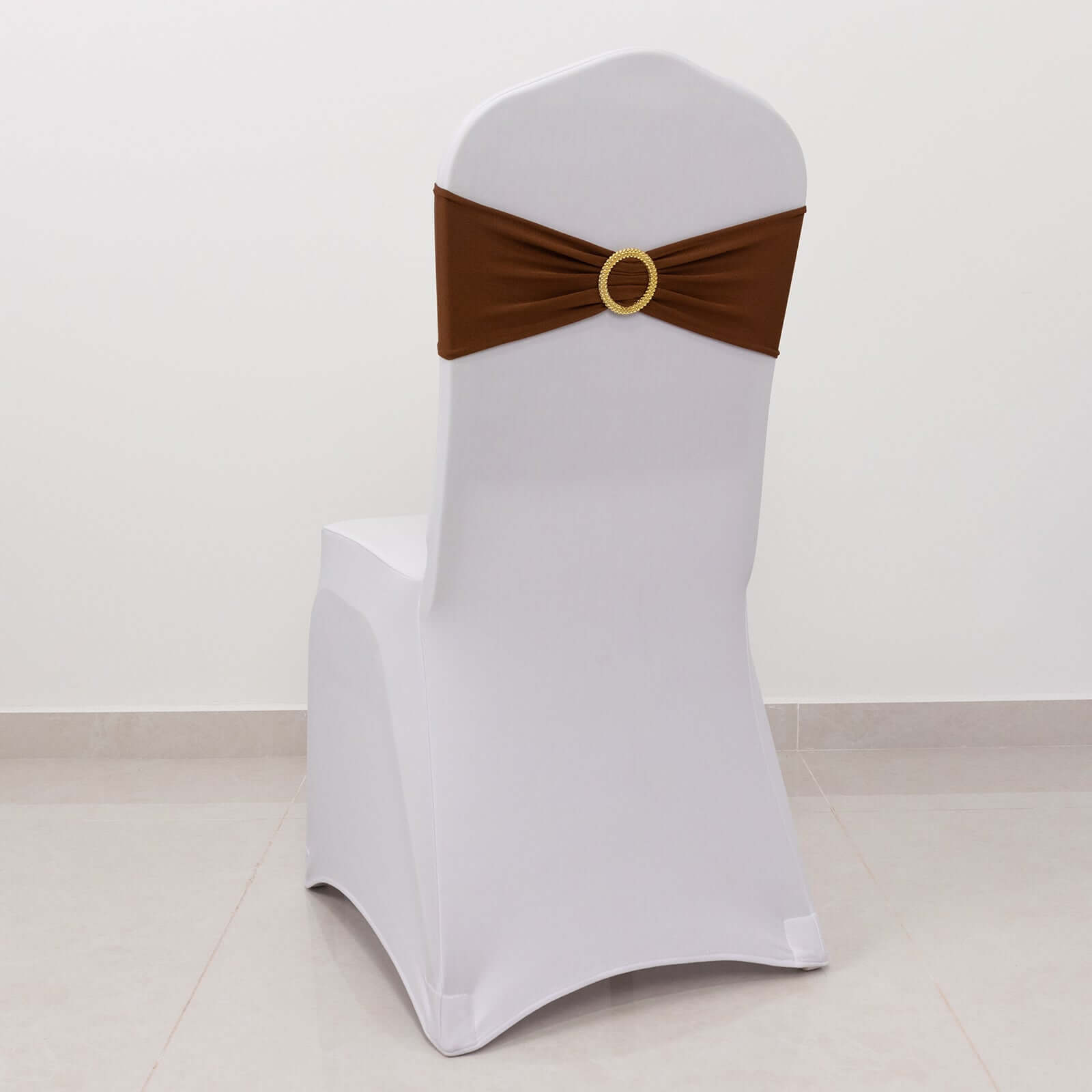 Hot Sale! 5-Piece Set of Reusable Cinnamon Brown Spandex Chair Sashes with Gold Rhinestone Buckles, 5x14