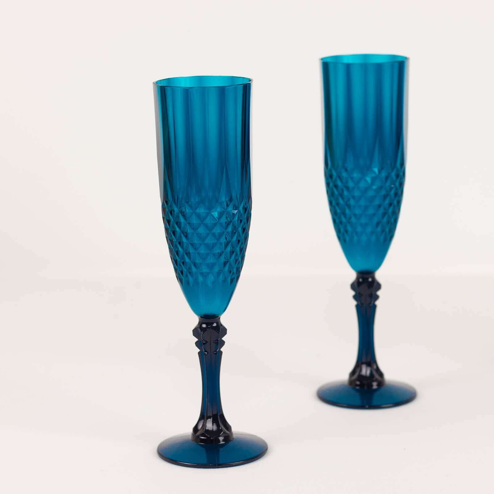 6-Piece Set of Reusable Navy Blue 8oz Plastic Champagne Toast Flutes with Crystal Cut Design