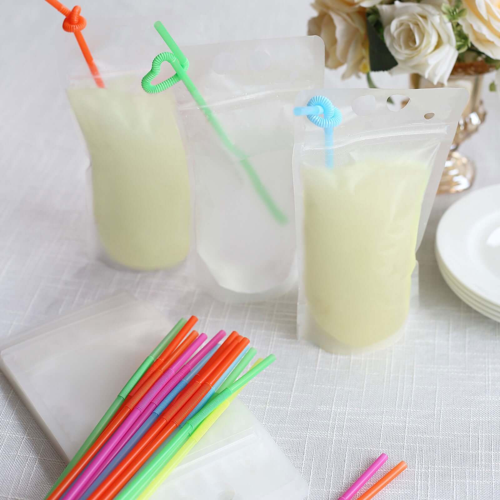 50-Pack Clear 12oz Plastic Reclosable Drink Pouches with Straws - Ideal for Travel & Festivals