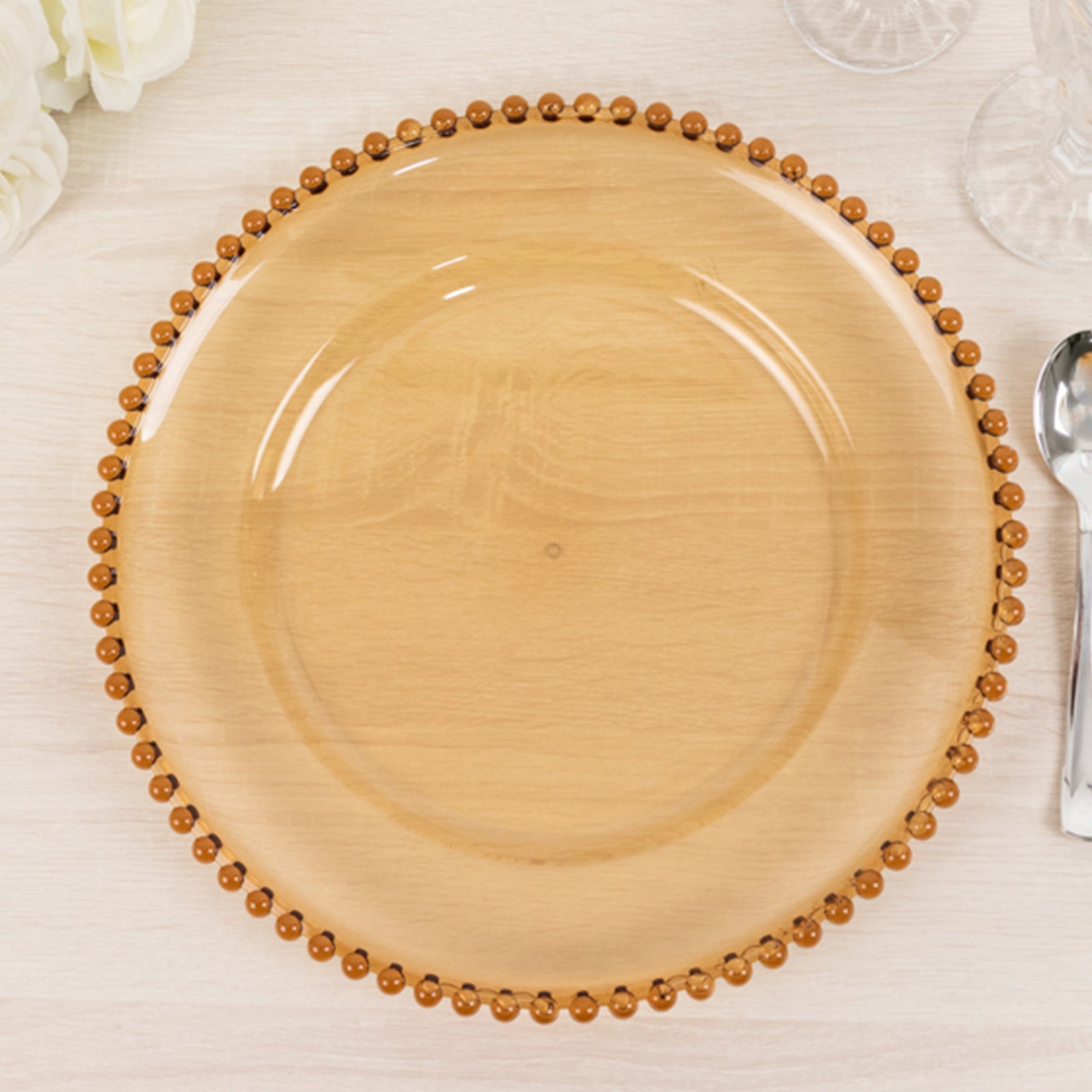 Set of 6 Acrylic Round 13-inch Amber Gold Charger Plates with Beaded Edging for Dinner Parties