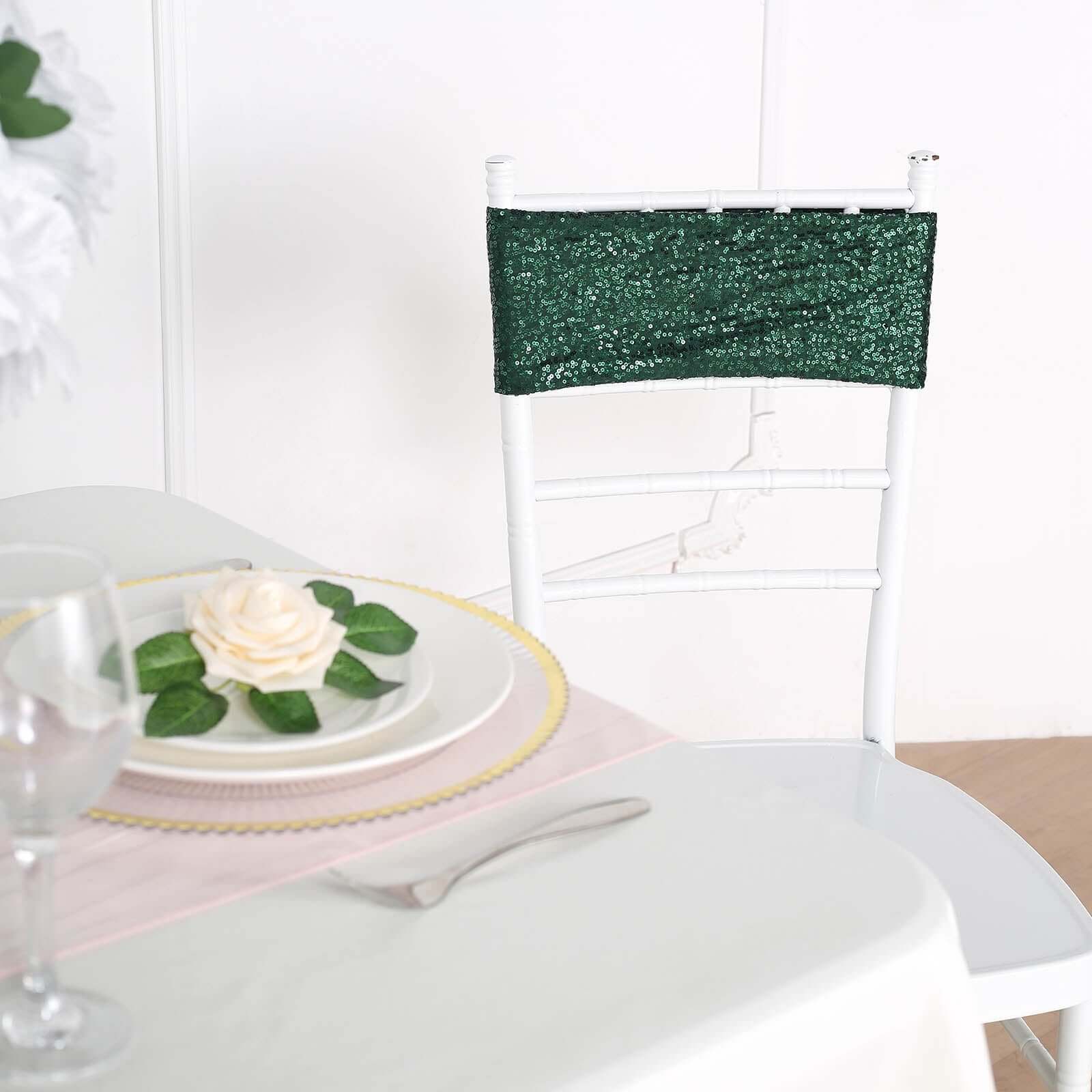 Special Offer: 5-Piece Set of Hunter Emerald Green Sequin Spandex Stretch Chair Bands (6x15 Inches)