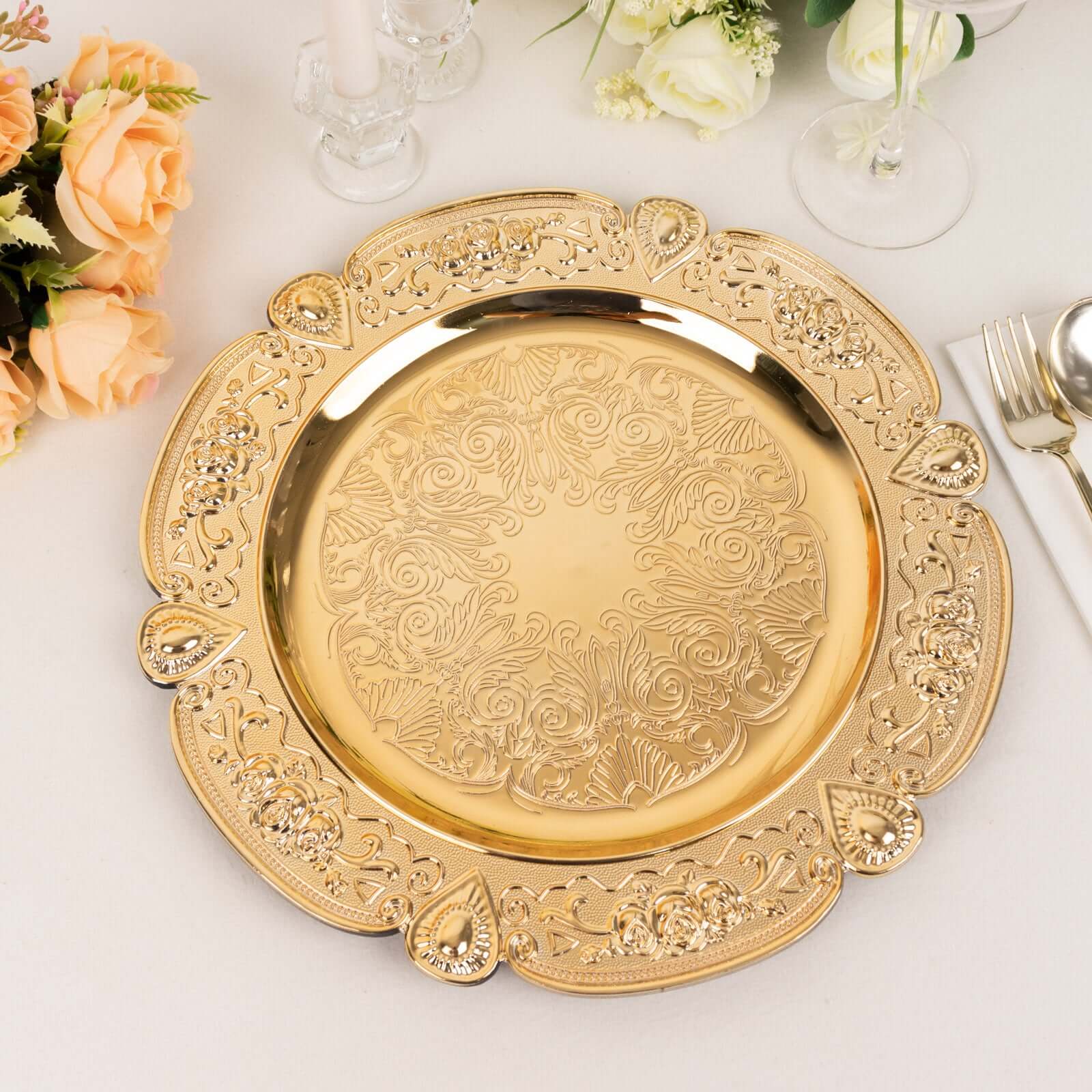 Hot Sale! 6-Pack 13-inch Gold Floral Embossed Acrylic Charger Plates with Scalloped Rim