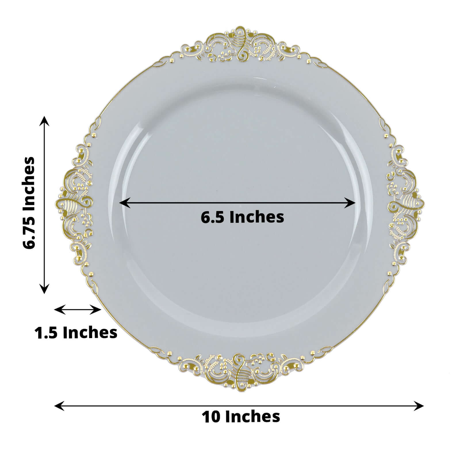 10-Piece Disposable Gray Plastic Round Dinner Plates with Gold Leaf Embossed Rim in Vintage Baroque Style