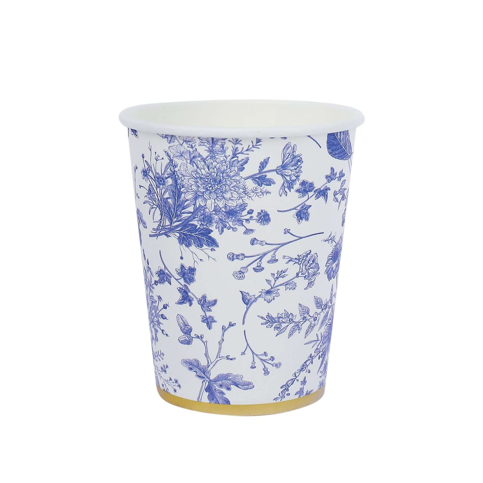 24-Pack 9oz Disposable Paper Party Cups in Elegant French Toile Pattern with Gold Rim