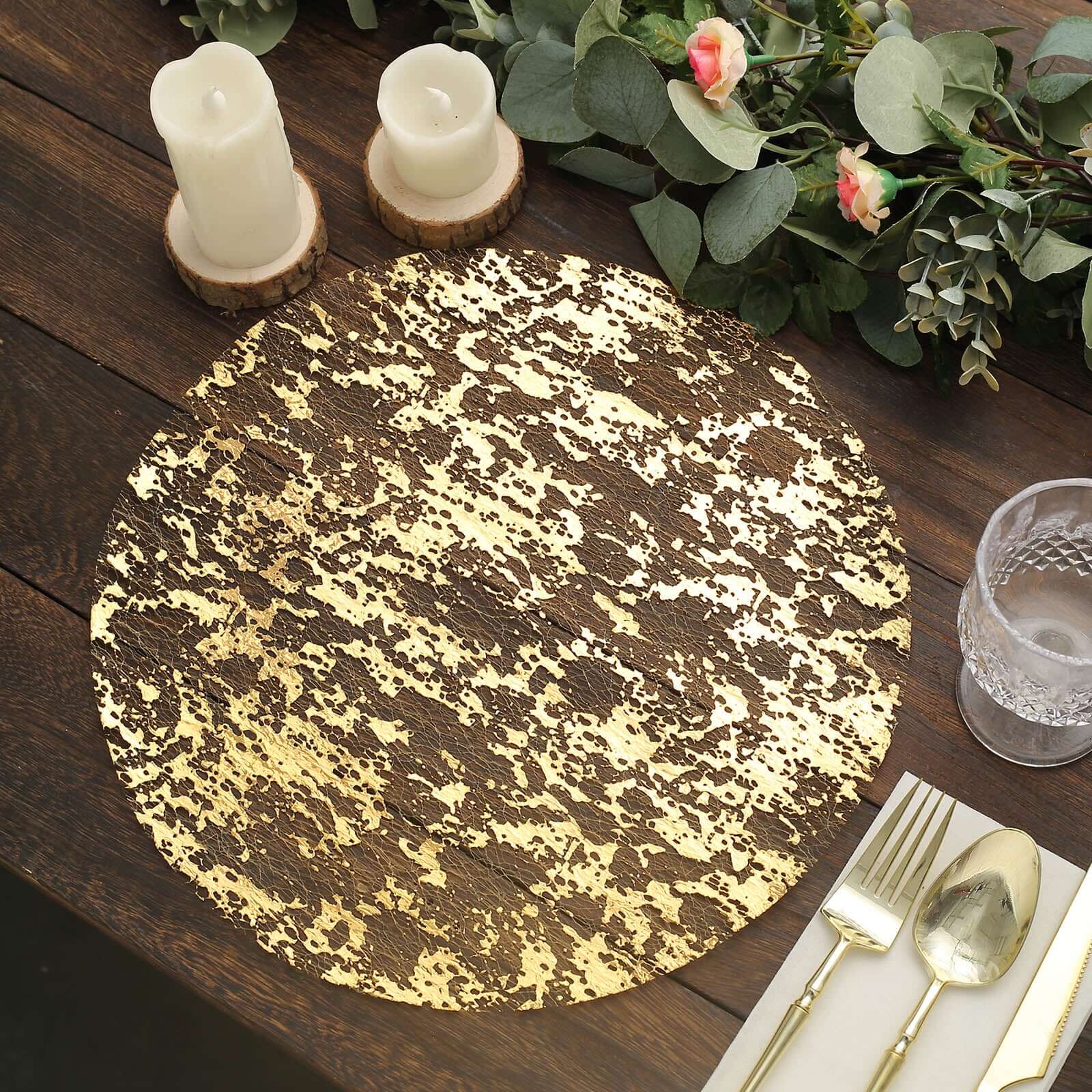 10-Piece Metallic Gold Round Foil Design Disposable Shiny Table Placemats 13 Inches