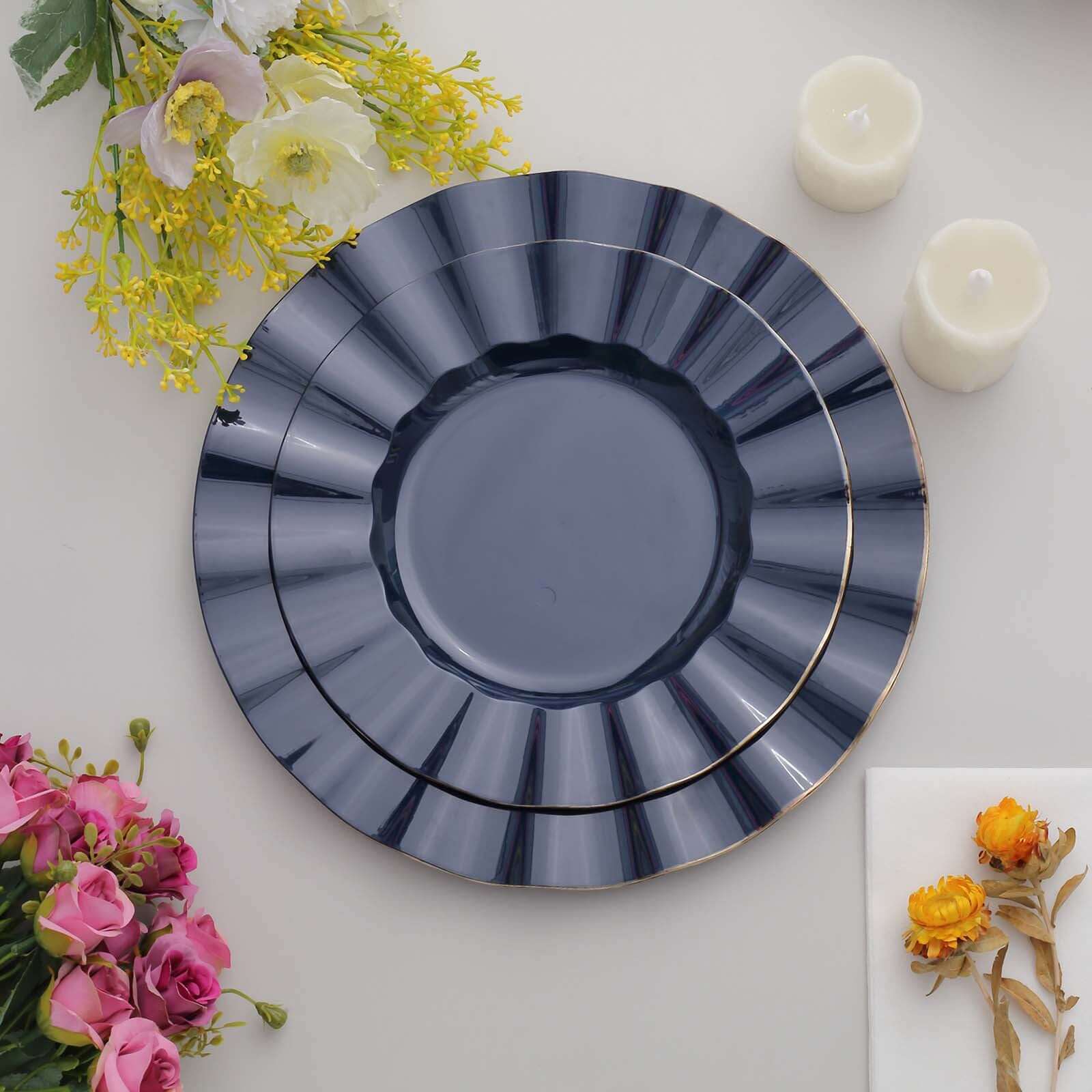 10-Piece Set of Navy Blue Plastic Round Dinner Plates with Gold Edged Ruffled Rim - Sturdy Disposable Dinnerware