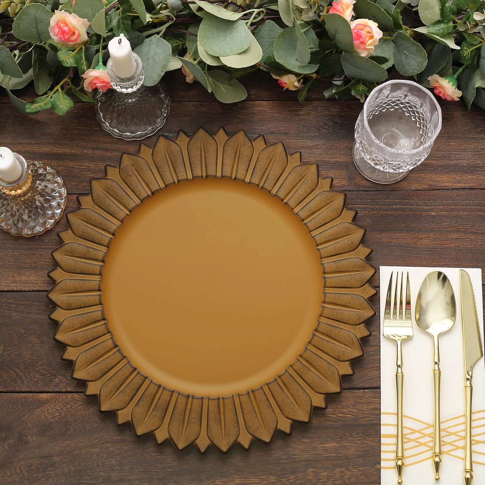 6-Piece Set of 13-Inch Matte Mustard Yellow Plastic Round Charger Plates with Sunflower Rim