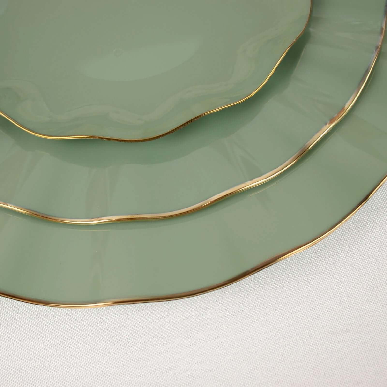 10-Piece Set of Sturdy Disposable 9-Inch Round Dinner Plates in Dusty Sage Green with Gold-Rimmed Ruffle