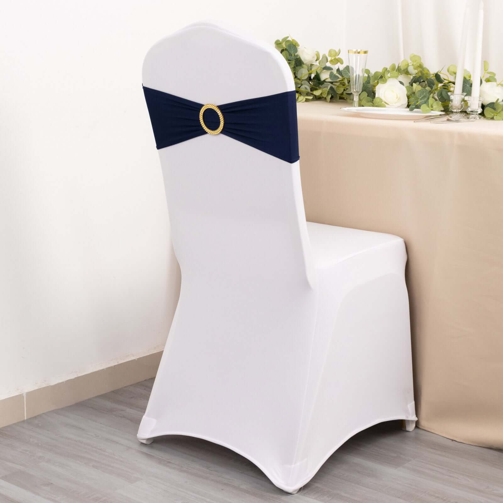5-Piece Set of Navy Blue Spandex Chair Sashes with Gold Rhinestone Buckles - Reusable 4-Way Stretch Bands