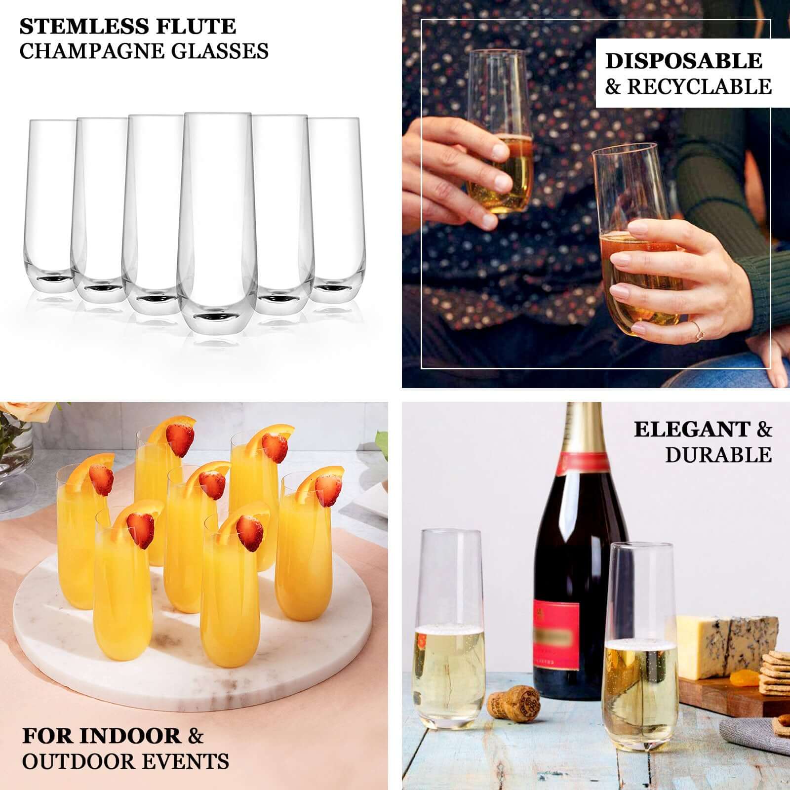 6-Piece Set of Reusable 9oz Clear Plastic Stemless Champagne Flutes - Perfect for All Occasions