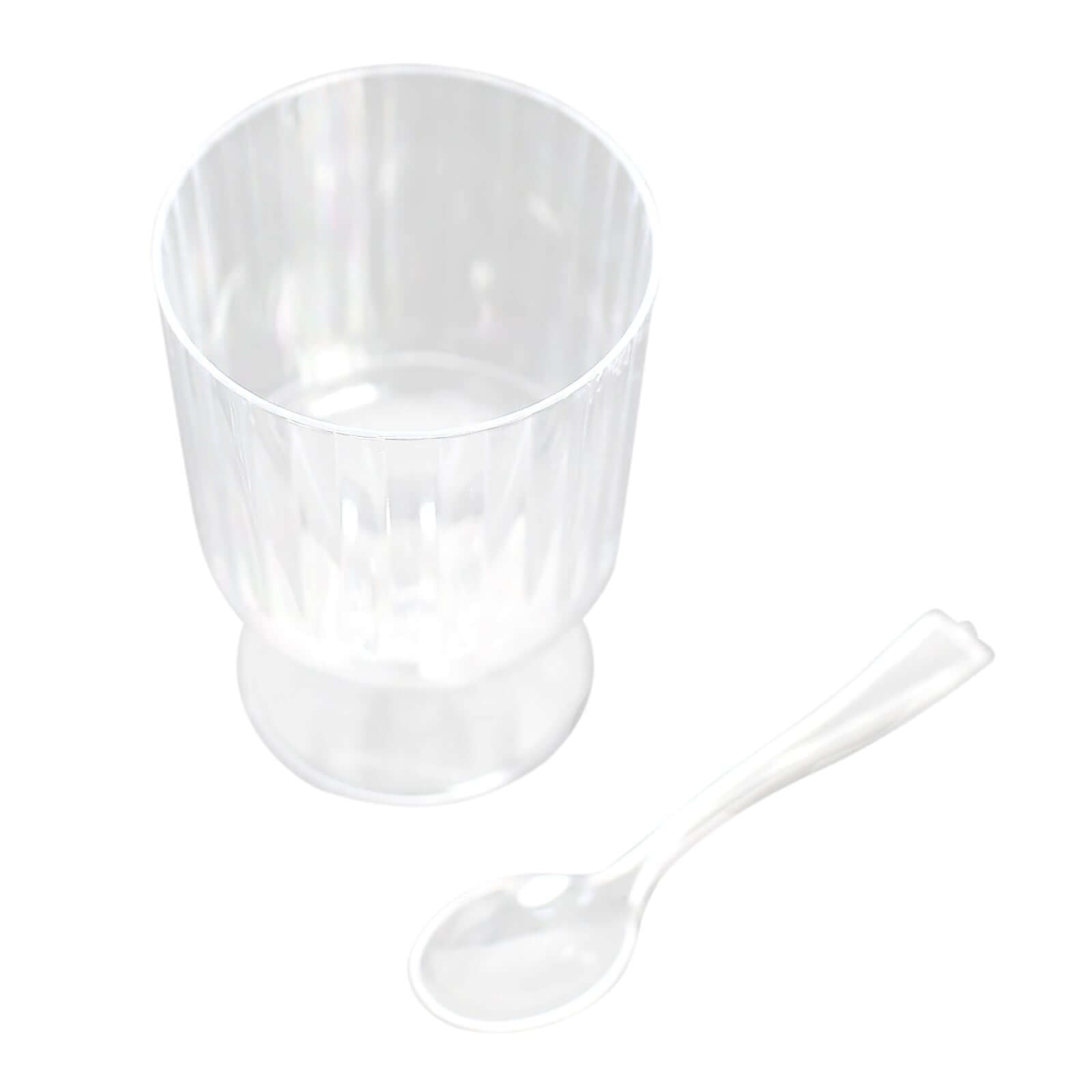 24-Pack Disposable 5oz Clear Plastic Dessert Cups with Ribbed Design and Pedestals, Spoon Set for Events