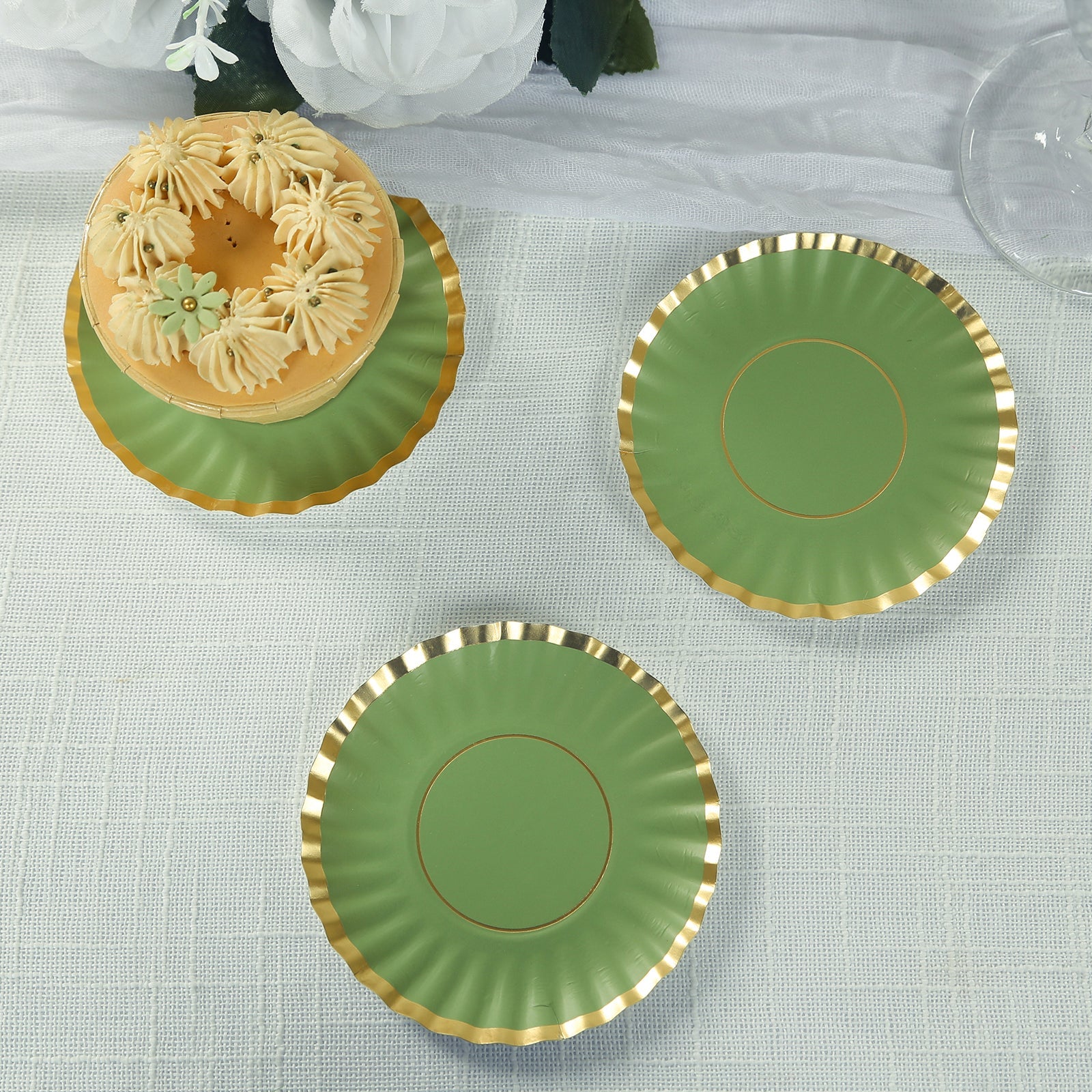 50-Piece Disposable 250GSM Mini Round Dessert Plates in Dusty Sage Green with Gold Scalloped Edge
