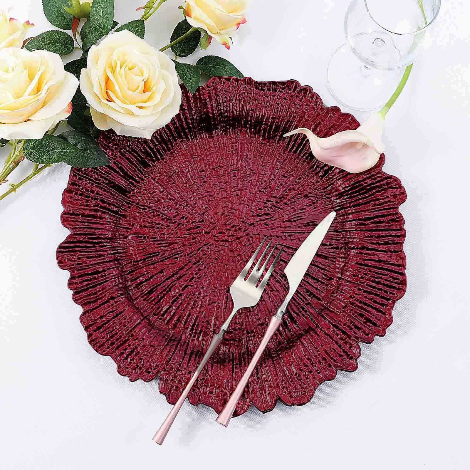 6-Piece Set of 13-Inch Burgundy Acrylic Plastic Round Dinner Charger Plates with Reef Design
