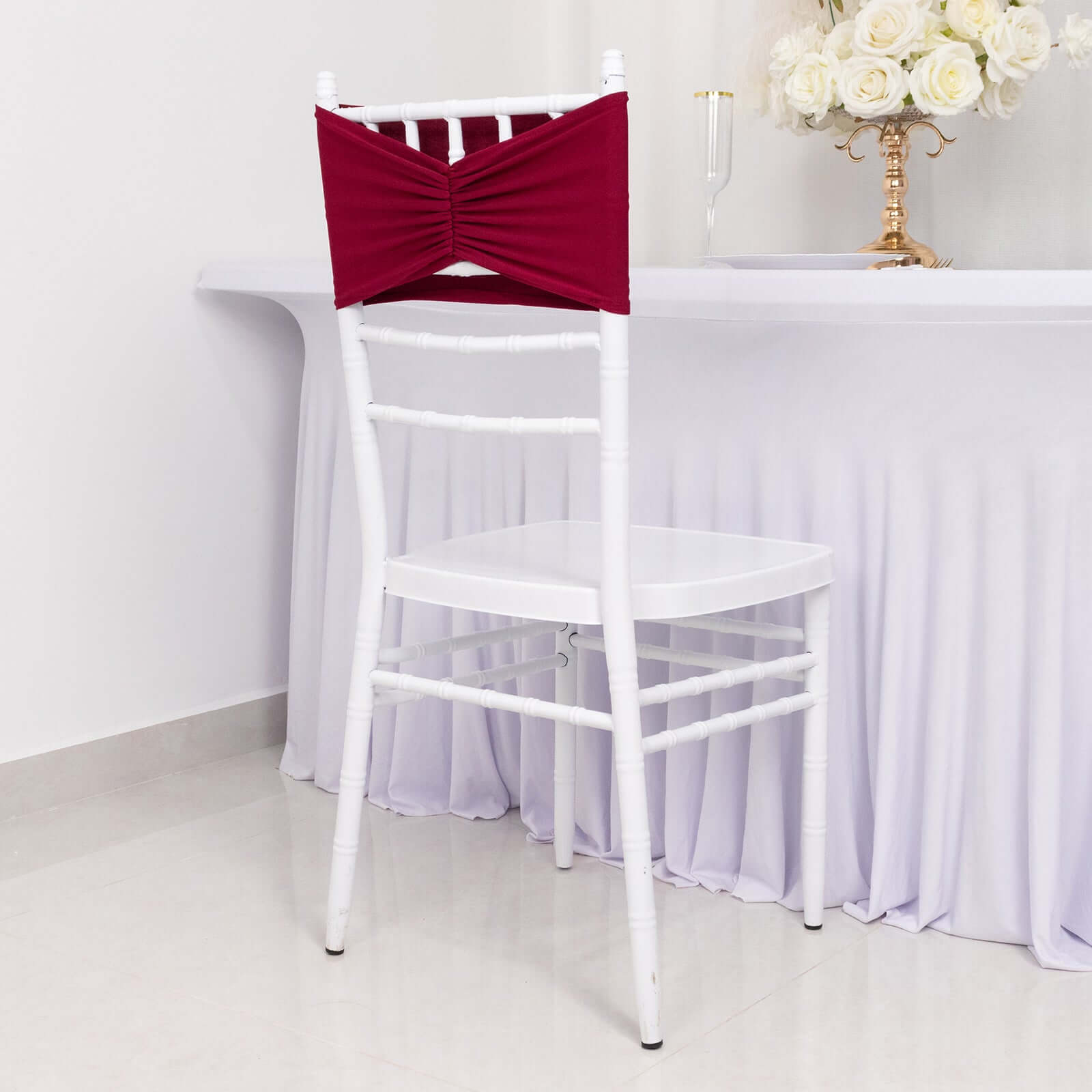 5-Piece Burgundy Ruffled Spandex Chair Sashes - Wide, Easy-to-Use Stretch Bands for Chairs