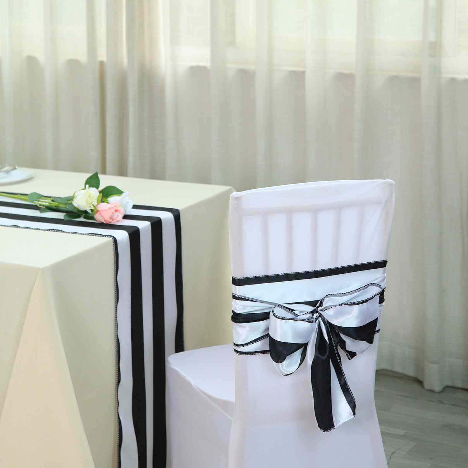 5-Pack Satin Chair Sashes in Black/White Stripes - Ideal Decor for Weddings and Gatherings