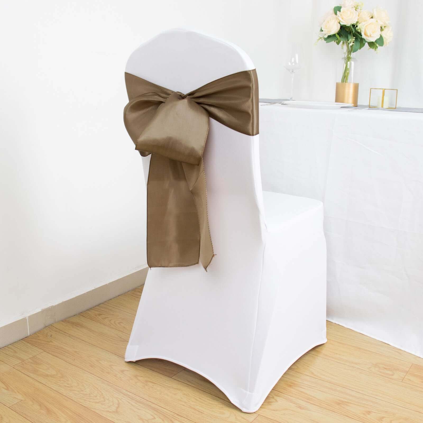 5-Piece Set of Taupe Satin Chair Sashes - Durable and Shiny 6x106 Bows