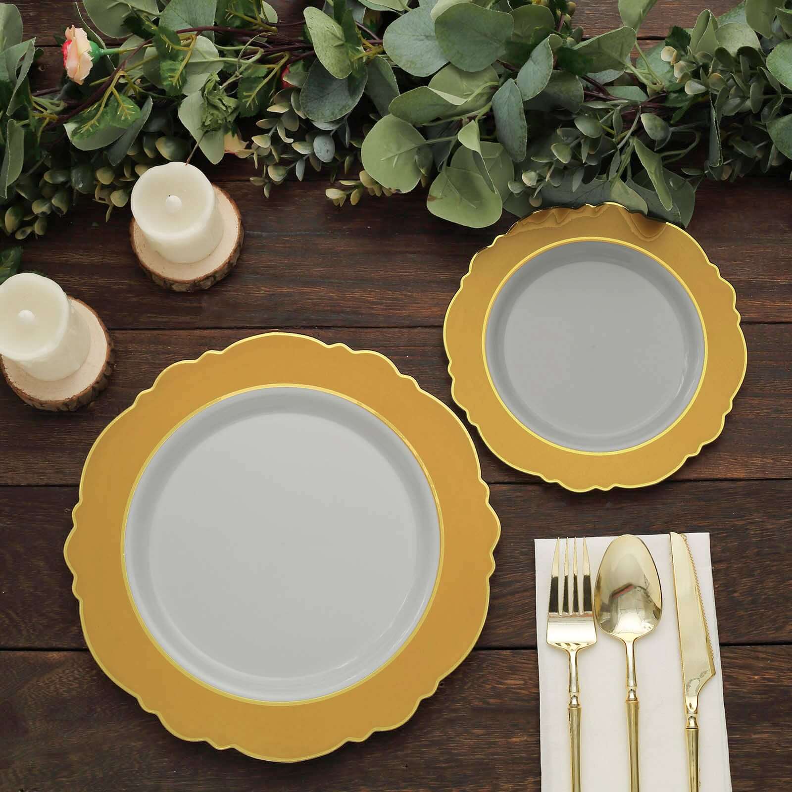10-Pack Disposable White Plastic Dessert Plates with Gold Blossom & Edging for Elegant Table Decor