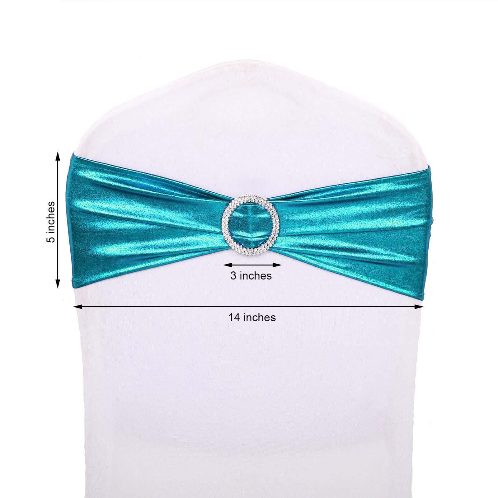5-Pack Metallic Peacock Teal Spandex Chair Sashes with Round Diamond Buckles - Great for Events
